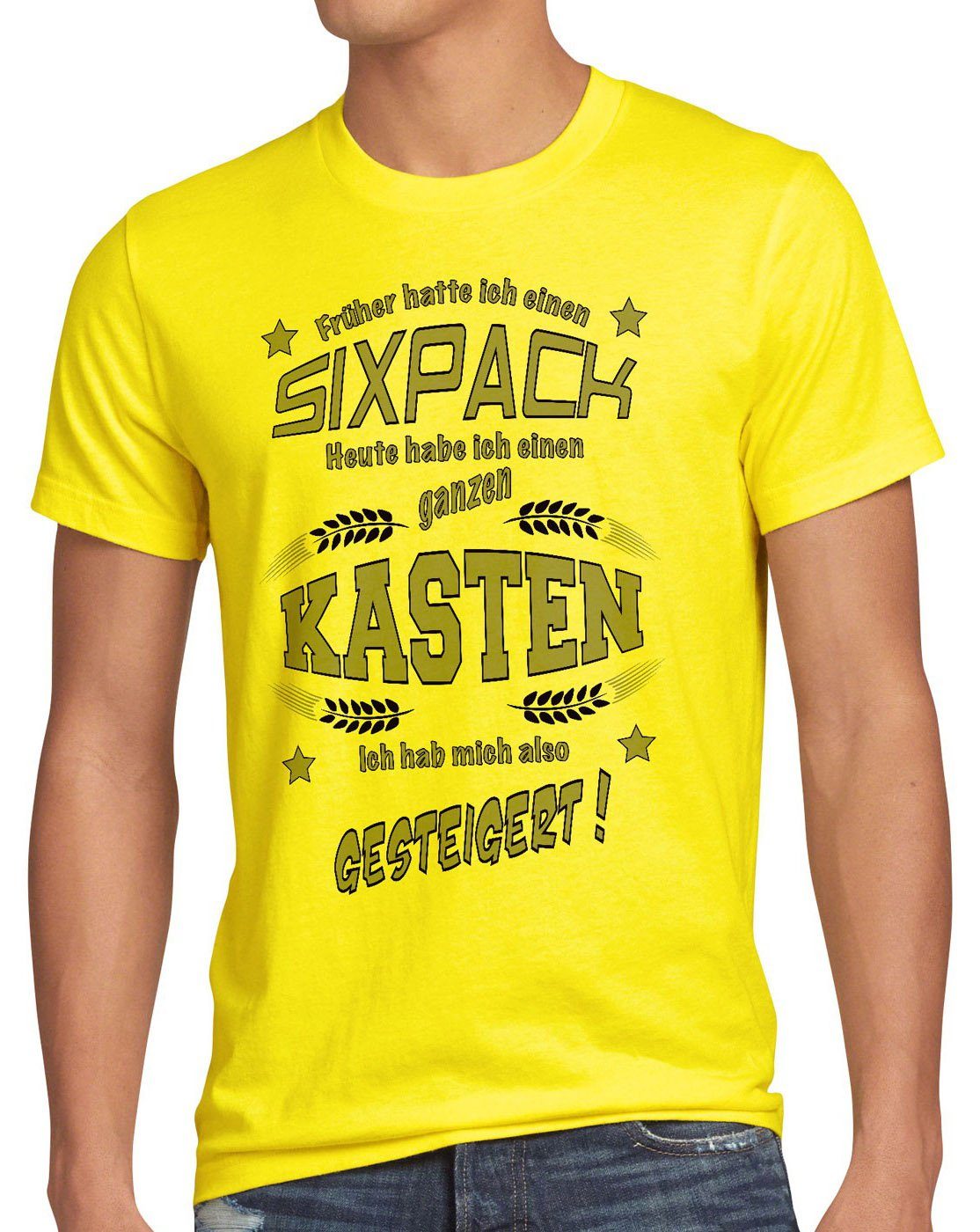 Fun einen heute style3 Biershirt Funshirt Herren Sixpack Kasten Spruch Print-Shirt T-Shirt Früher gelb