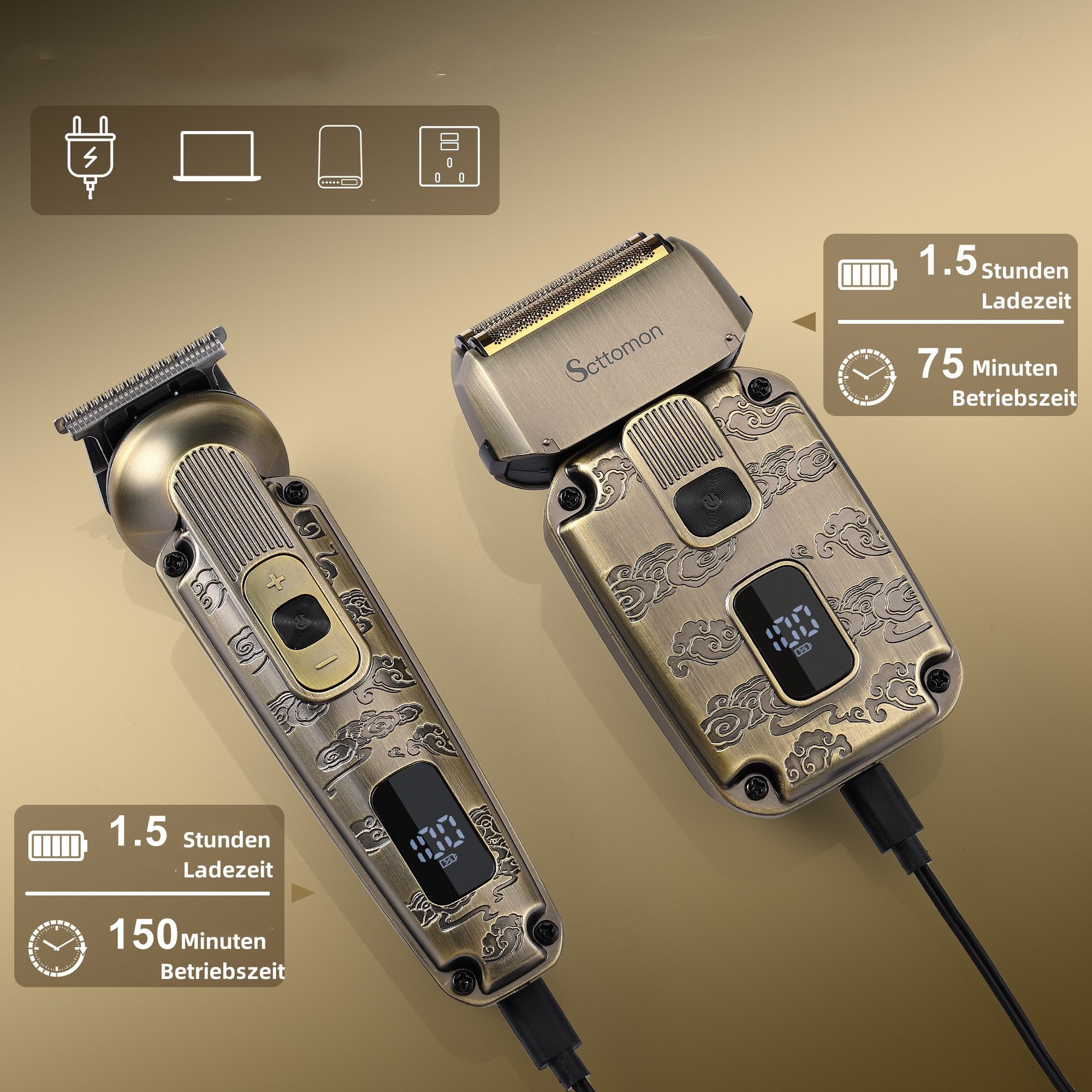 Scttomon Haar- und Bartschneider HT-6080, Haarschneider 4 in 1, Folienrasierer, IPX6 Wasserdicht