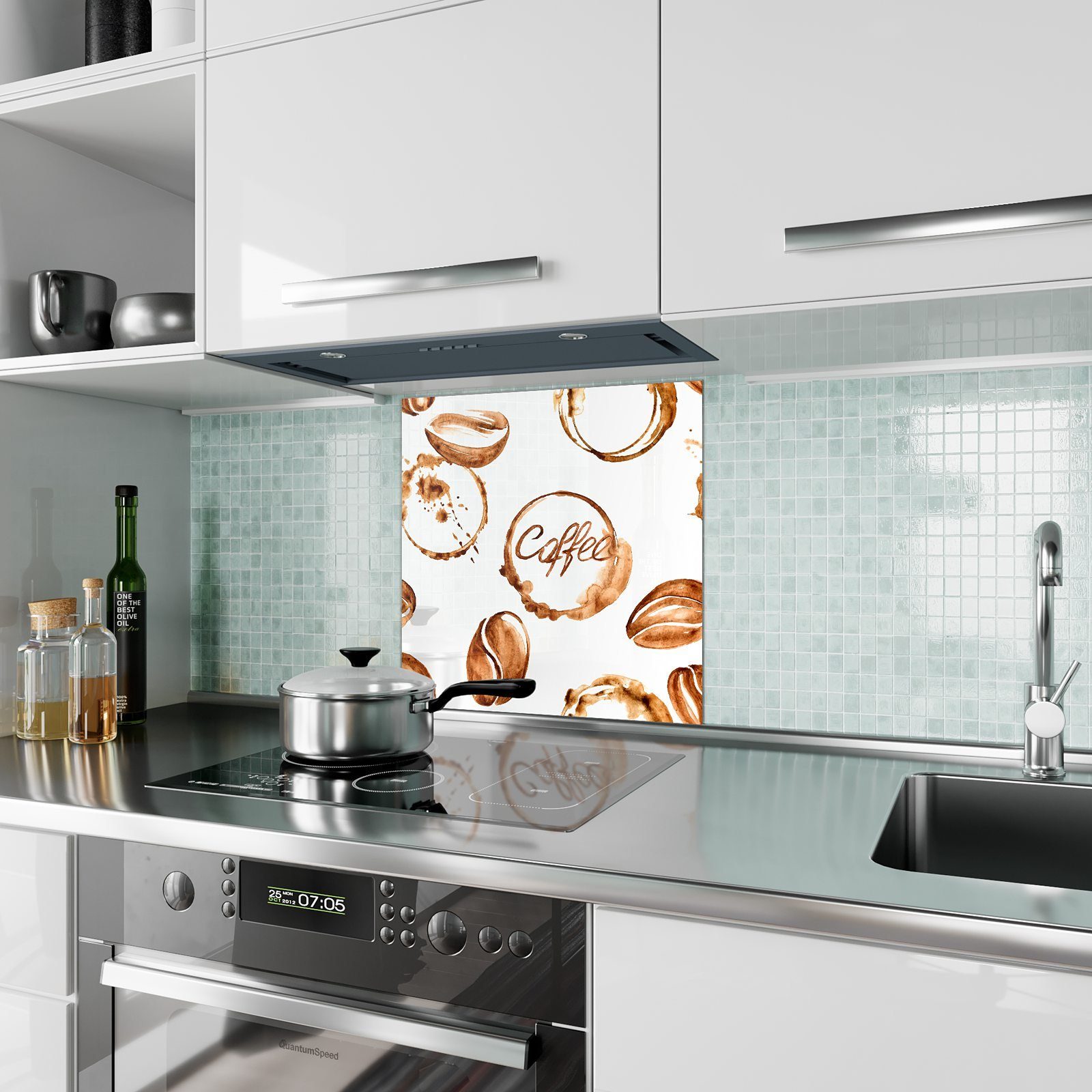 Kaffee Aquarell mit Primedeco Küchenrückwand Küchenrückwand Motiv Glas Spritzschutz