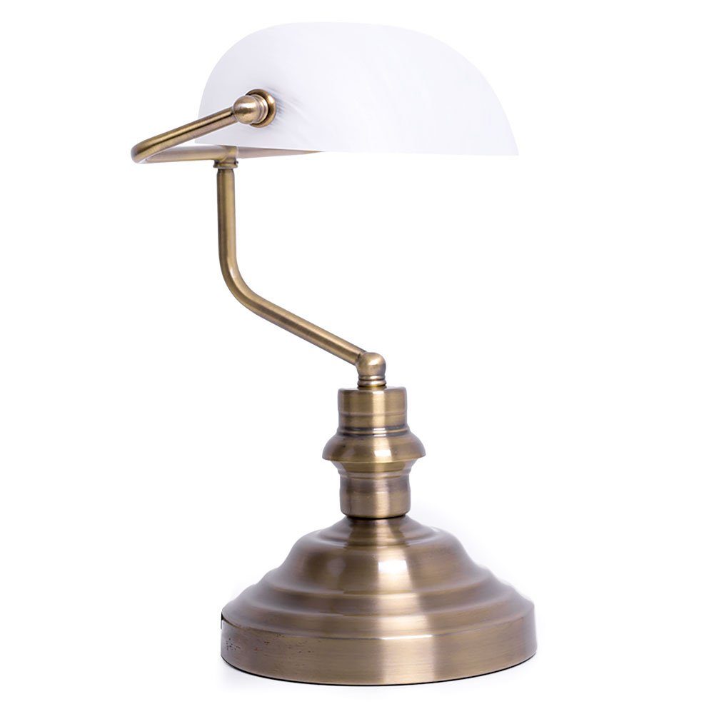 Antik Messing Tischleuchte, Schreibtischlampe weiß Retro nicht Leuchtmittel Bankerlampe LED etc-shop inklusive, Schirm