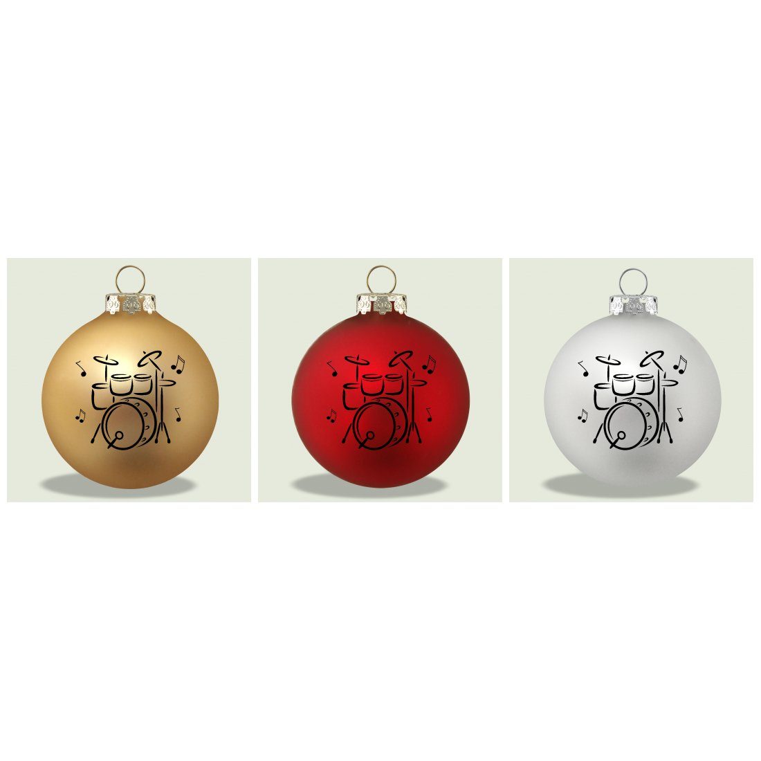 3er-Set mit Glas Farbe Weihnachtsbaumkugel, Schlagzeug-Druck, Musikboutique schwarzem rot/gold/silber aus