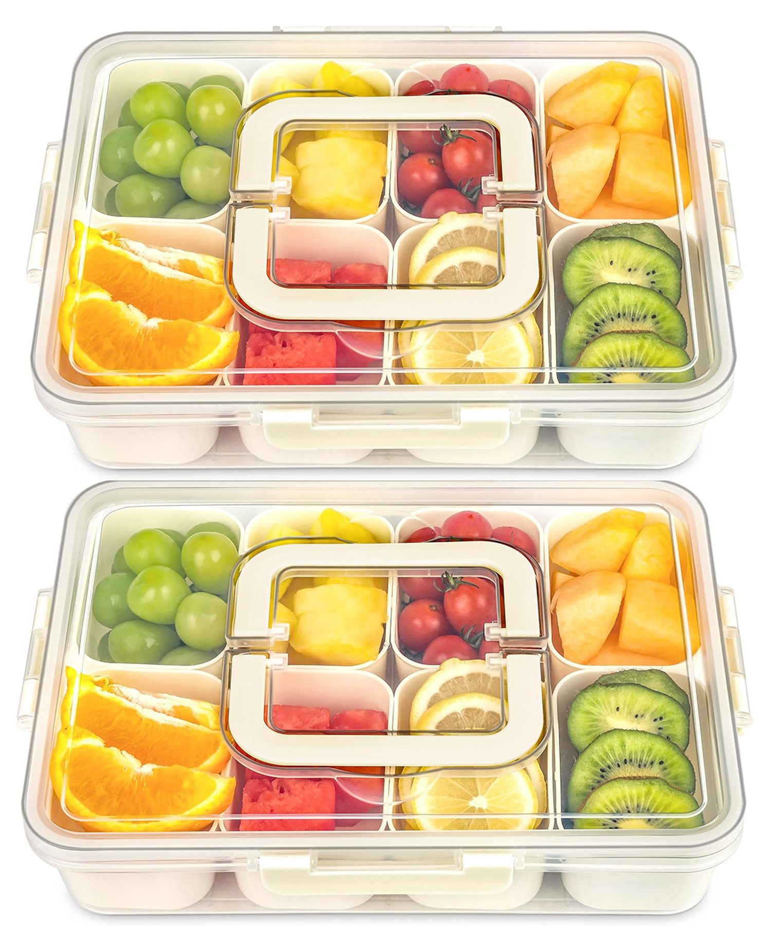 Refined Living Frischhaltedose Snackbox mit 8 Fächern, Servierplatte, Snackschale mit Deckel & Griff, Lebensmittelechtes PP, (Tragbarer Snack Organizer, Snackdose mit Deckel, Vorratsdose mit Fächern, Aufbewahrungsbox Snacks, Obstbox Kinder, Bento Box Orga