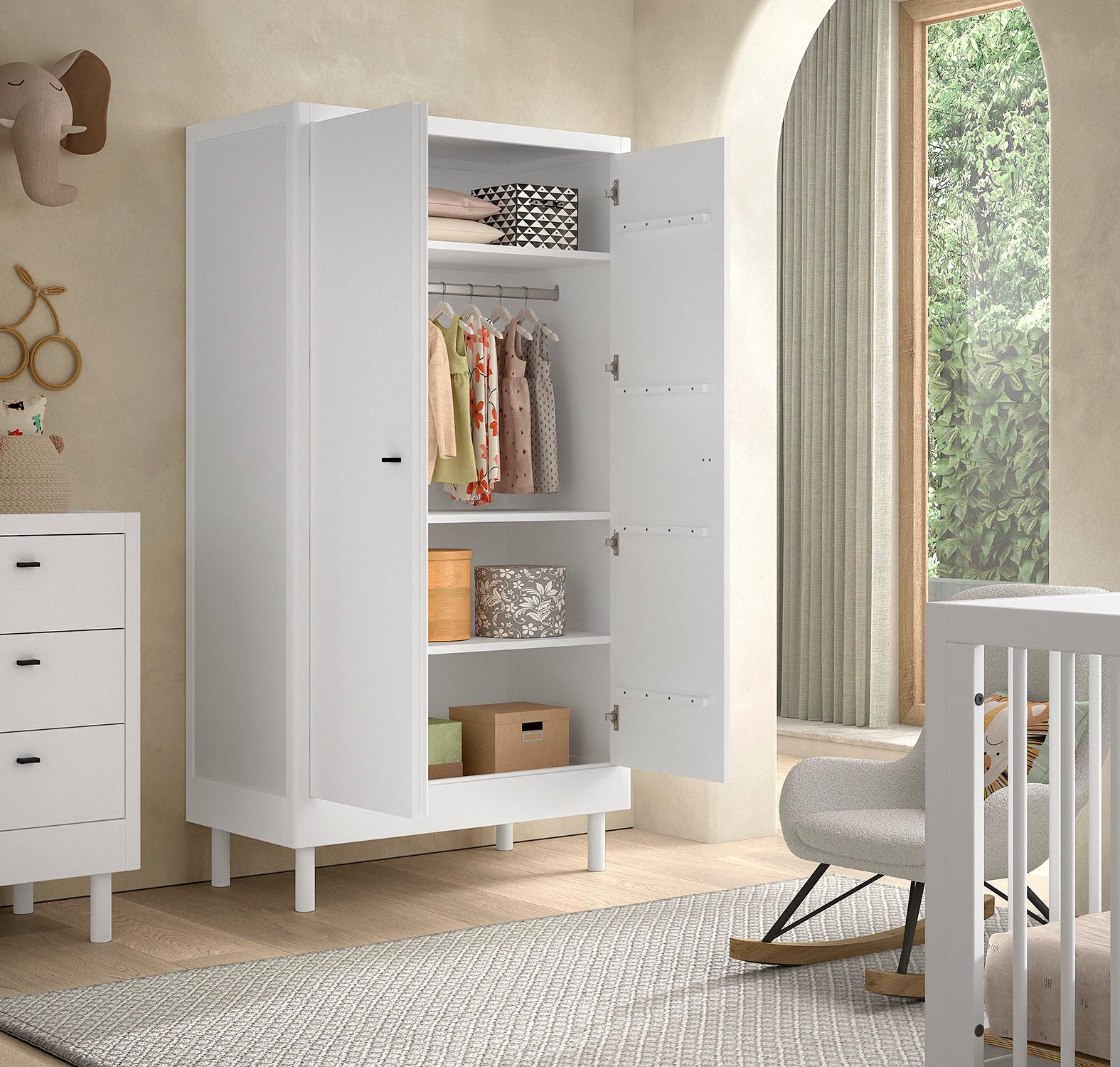 Vipack Kleiderschrank mit viel Stauraum, Facheinteilung, hochwertig und stabil gebaut (B/H/T ca. 100x190x55cm) Türen mit Soft-Close, Buche massiv weiß lackiert