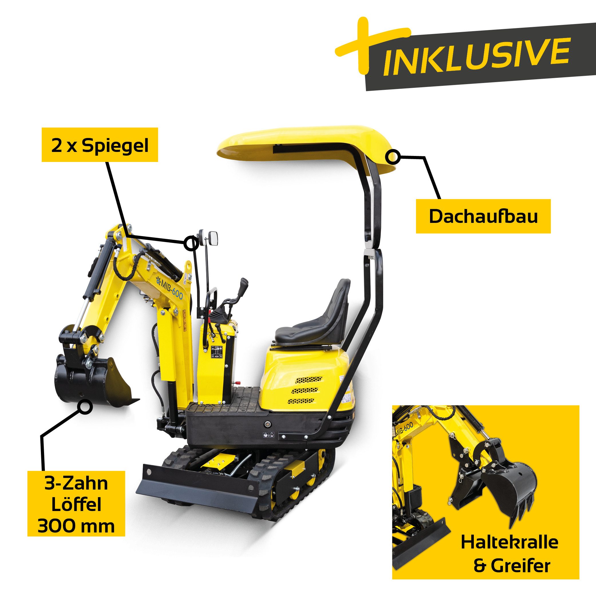 BAMATO Garten-Multifunktionsgerät - Bagger inkl. Zubehörset Minibagger Kettenbagger 8,8 kN Tieflöffel, Stk, 1, 6,3 kW Benzinmotor, 69 cm Spurbreite, vorbefüllt mit Hydrauliköl