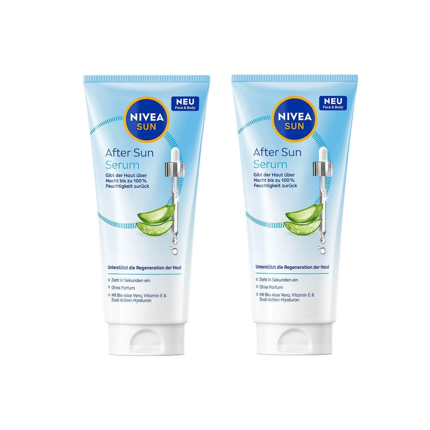 Nivea After Sun-Balsam NIVEA SUN NIVEA Sun After Sun Serum 2 x 100ml Set, 2-tlg., mit Bio-Aloe Vera, Vitamin E und Dual-Hyaluron