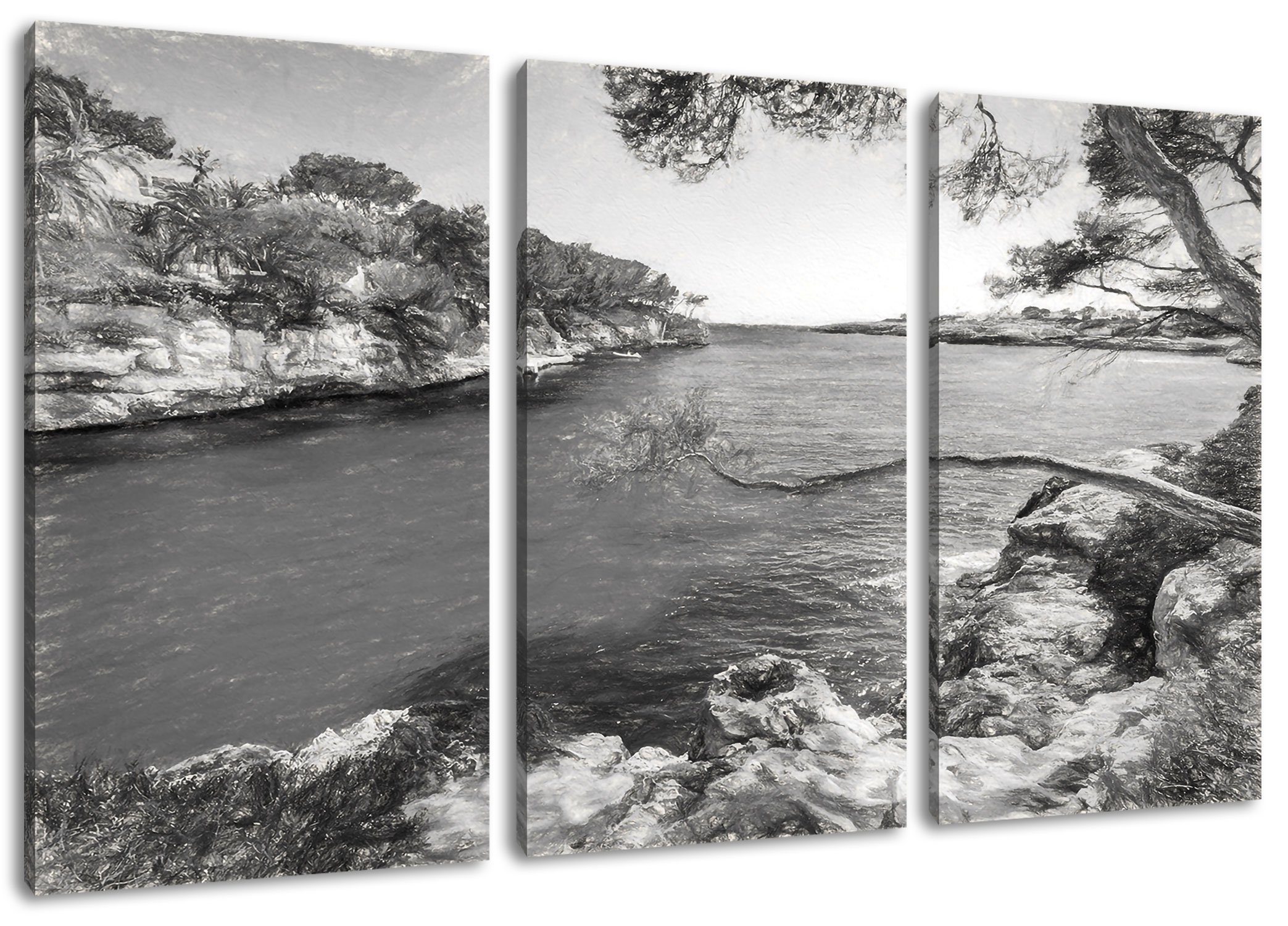 Bay Zackenaufhänger inkl. Pixxprint Leinwandbild Bay bespannt, (120x80cm) Mallorca (1 Cove, 3Teiler Cove Mallorca fertig St), Leinwandbild