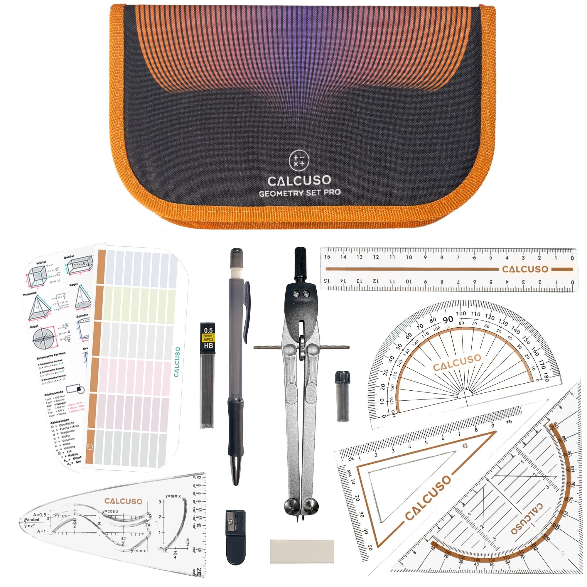 CALCUSO Zirkel Set im Federmäppchen mit Geodreieck & Lineal und Zubehör - Orange