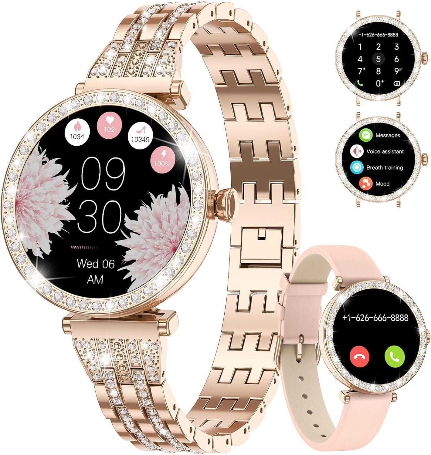 Lige Smartwatch (1,19 Zoll, Android, iOS), Damen Diamant Telefonfunktion 5ATM Wasserdicht AMOLED Alwayson Display