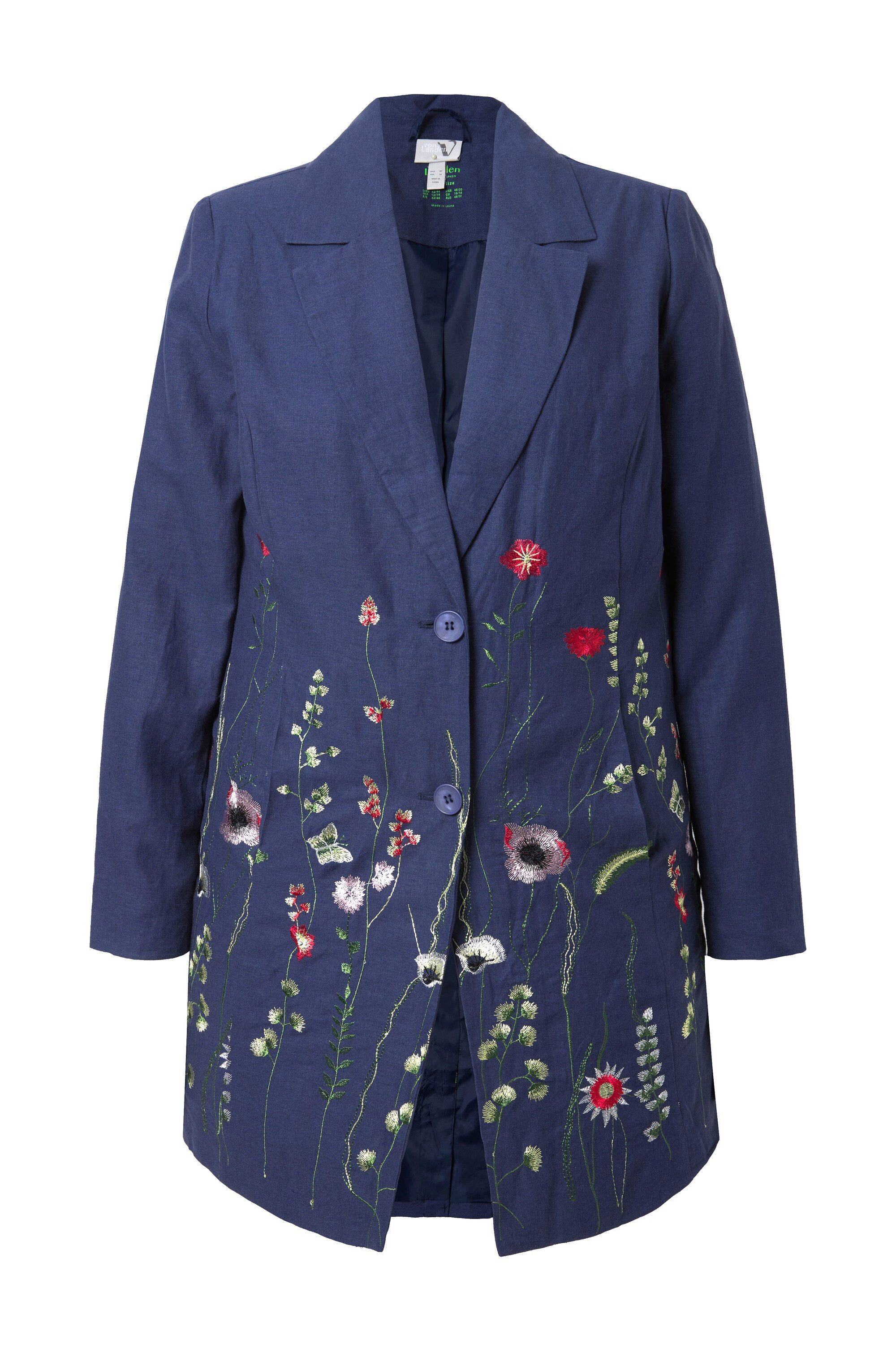 Ulla Popken Sommerjacke Gehrock Leinenmix Blütenstickerei Stehkragen