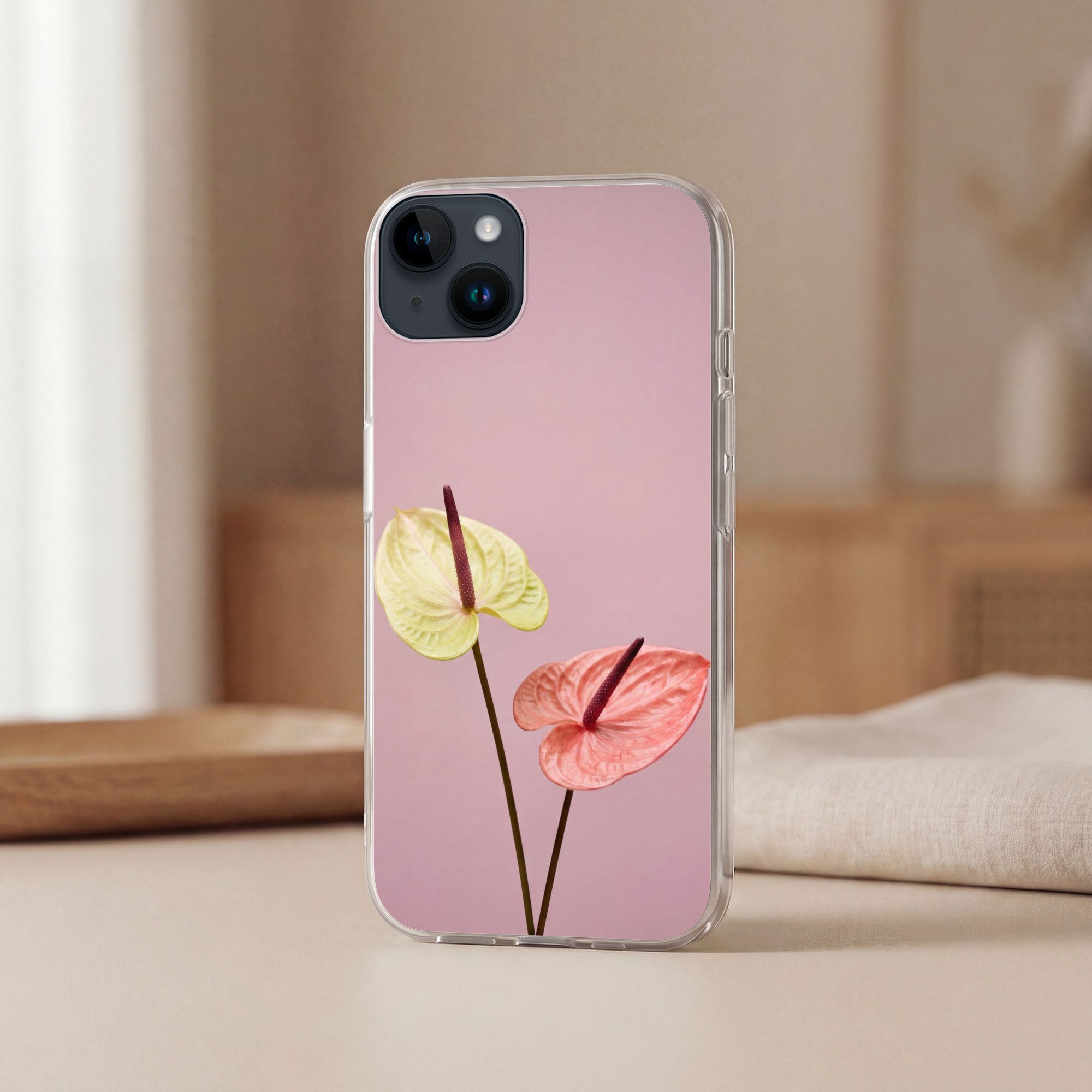 MuchoWow Handyhülle für Apple iPhone 14 Blumen - Anthurien - Gelb - Rosa, Smartphone-Bumper, Print, Handy Schutzhülle Dünn