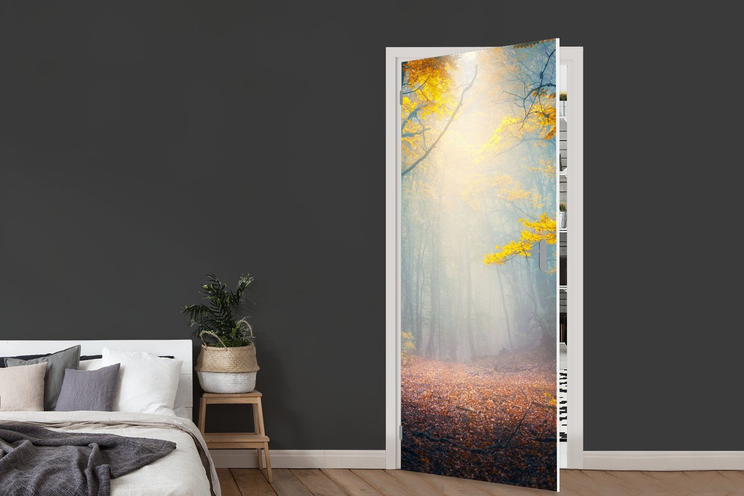 Herbst, cm Matt, bedruckt, 75x205 - MuchoWow St), Türaufkleber, Nebel für Tür, - Türtapete Fototapete (1 Wald
