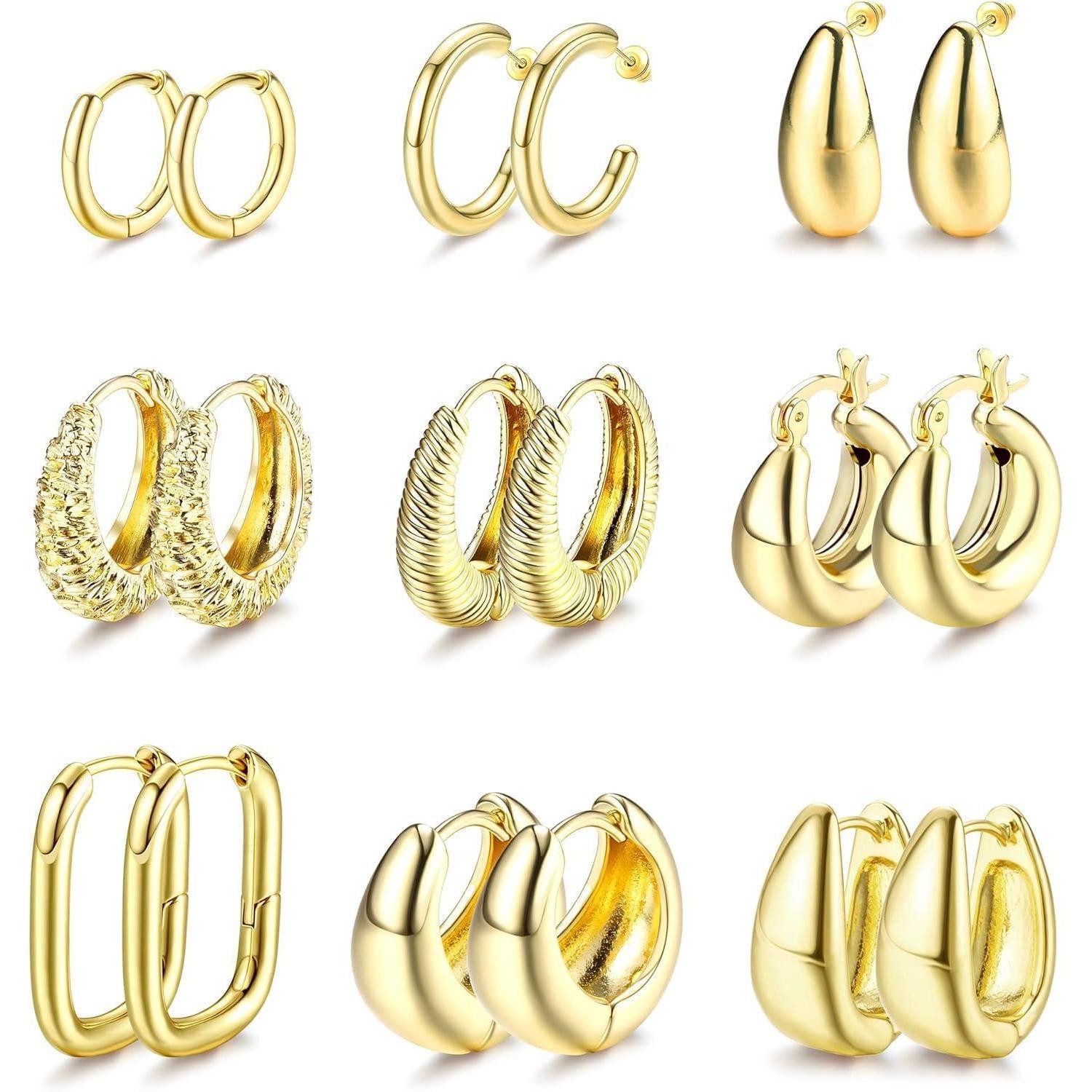 LuxusKollektion Schmuckset 9 Paar Goldene Creolen Ohrringe Set Damen Mädchen 14K Vergoldet Chunky