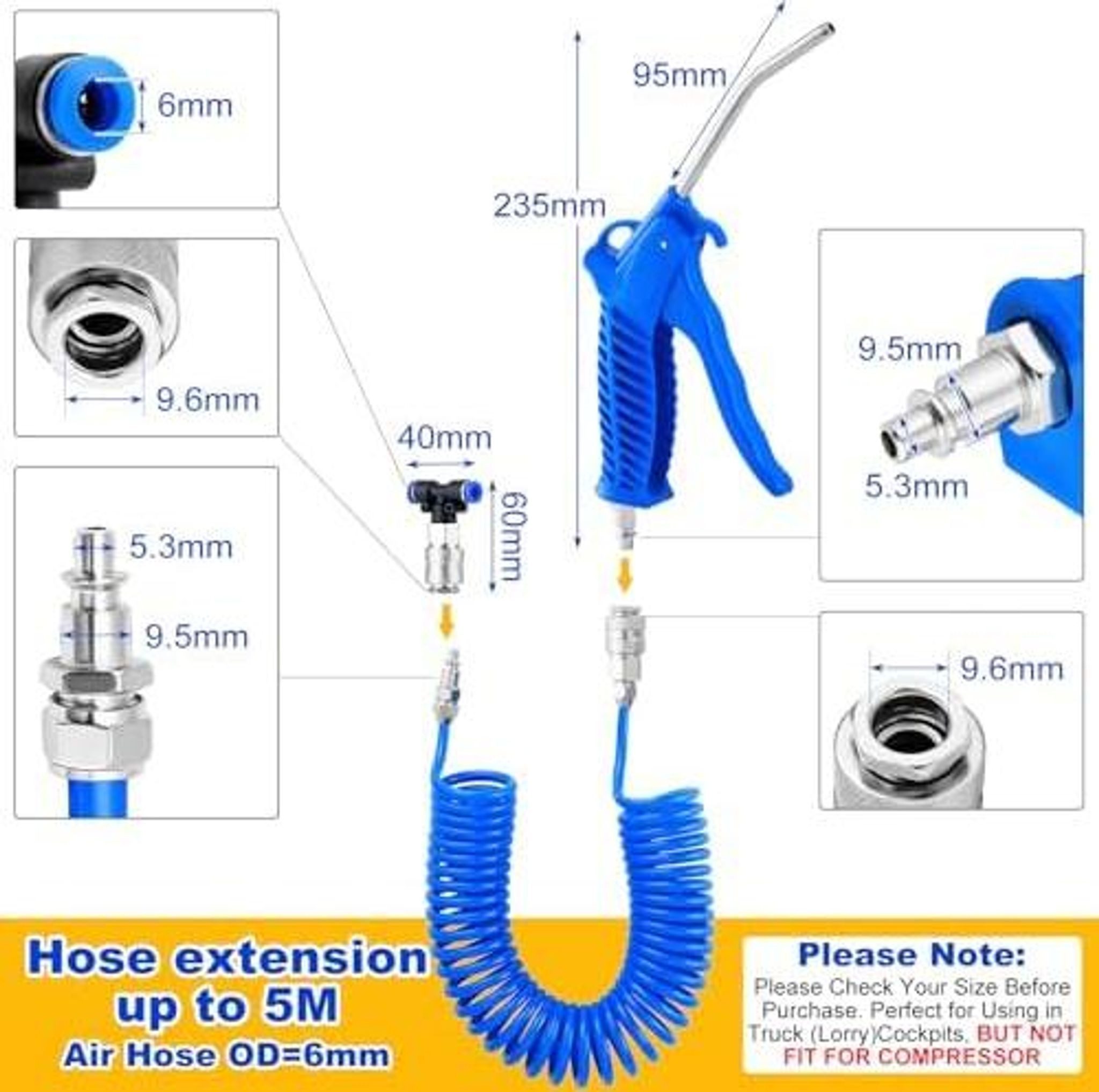 FELIXLEO Druckregler Lkw Luftpistole mit 5m Schlauch T-Stueck Druckluftpistole Blau