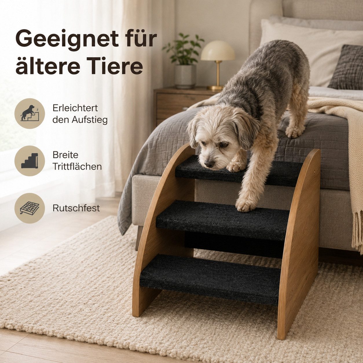 ANYSUN Haustiertreppe mit 3 breite Stufen,Geringe Neigung,Rutschfeste Unterseite für Bett (1-St., 1 Rampe,3 breite Stufen), Sofa,ältere und kurzbeinige Tiere,42×39×30cm,belastbar bis 15 kg,Grau