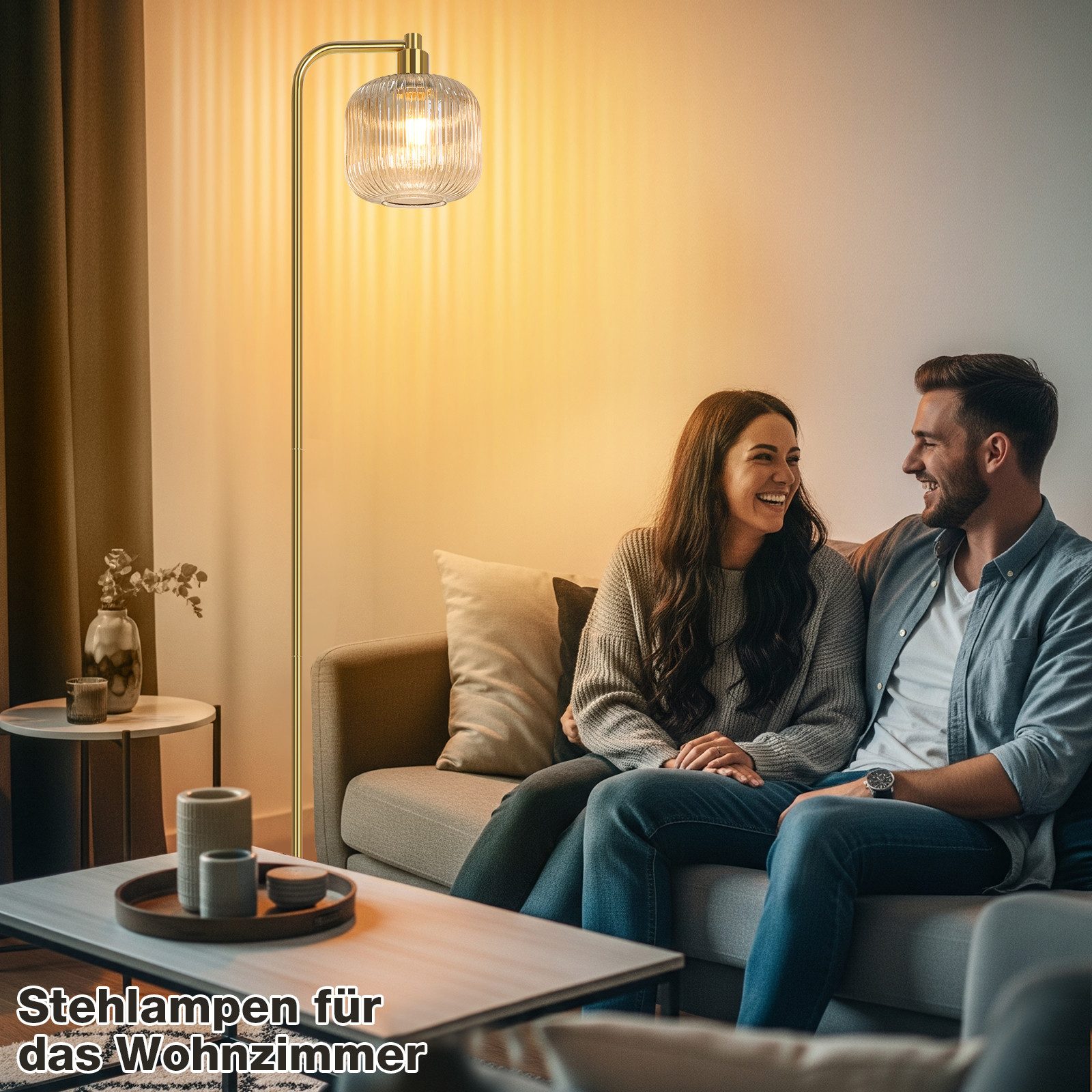 Rosnek LED Stehlampe Vintage Stehleuchte Wohnzimmer Retro Leselampe für Schlafzimmer Büro, Hellbraun, LED wechselbar, Warmes Weiß, 170CM, mit 1 E27 Glühbirne, Glas Lampenschirm & Fußschalter für Studio