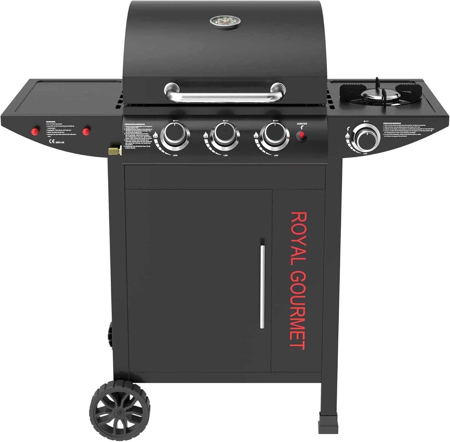 Gasgrill mit 3+1 Brennern, 11,5 kW Leistung, Rollwagen-Design mit Thermometer