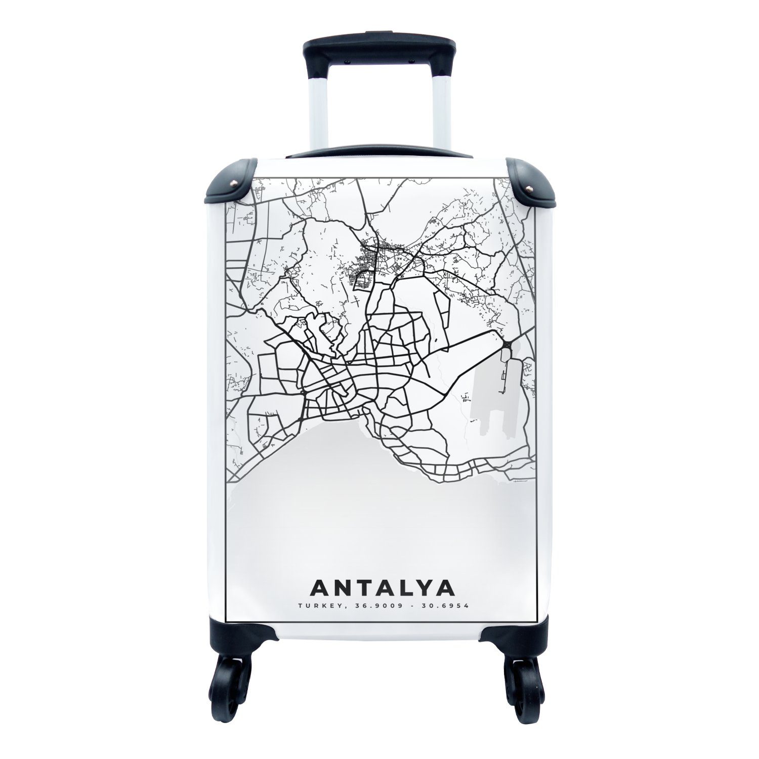 MuchoWow Handgepäckkoffer Antalya - Stadtplan - Schwarz und weiß - Karte, 4 Rollen, Reisetasche mit rollen, Handgepäck für Ferien, Trolley, Reisekoffer