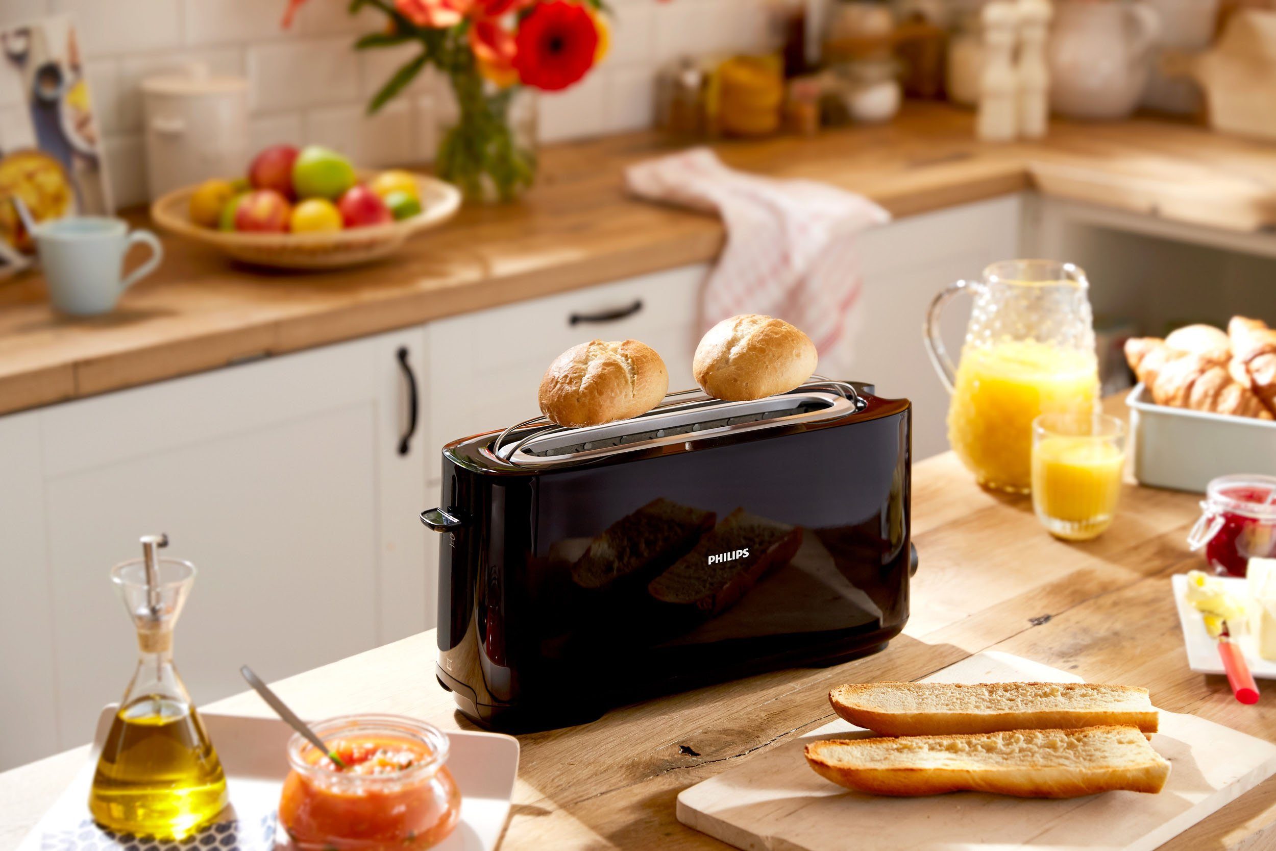 Philips Toaster HD2590/90, 1 langer Schlitz, für 2 Scheiben, 950 W, mit Aufwärm- und Auftaufunktion