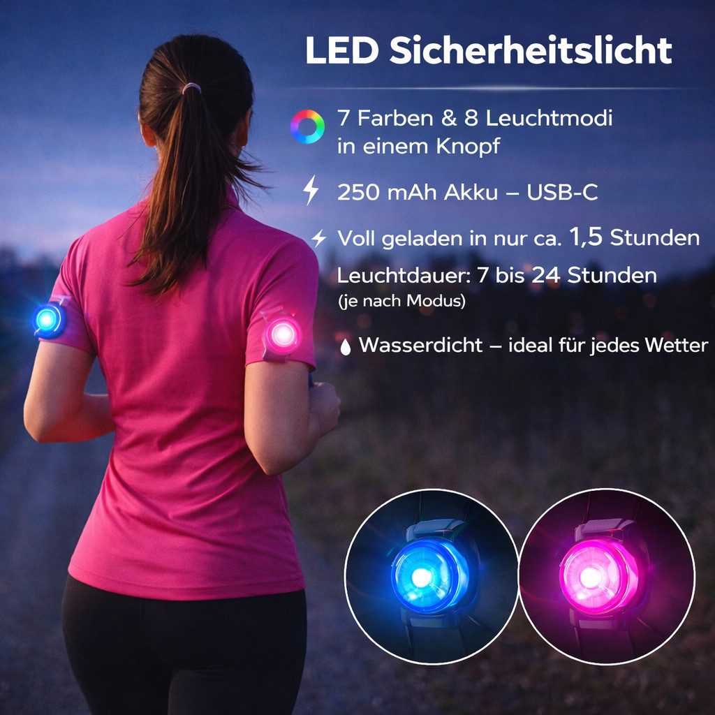 Illes-Laedchen LED Blinklicht LED Sicherheitslicht Clip Joggen Outdoor wiederaufladbar, USB-C, wasserdicht, 7 Farben, 8 Modi