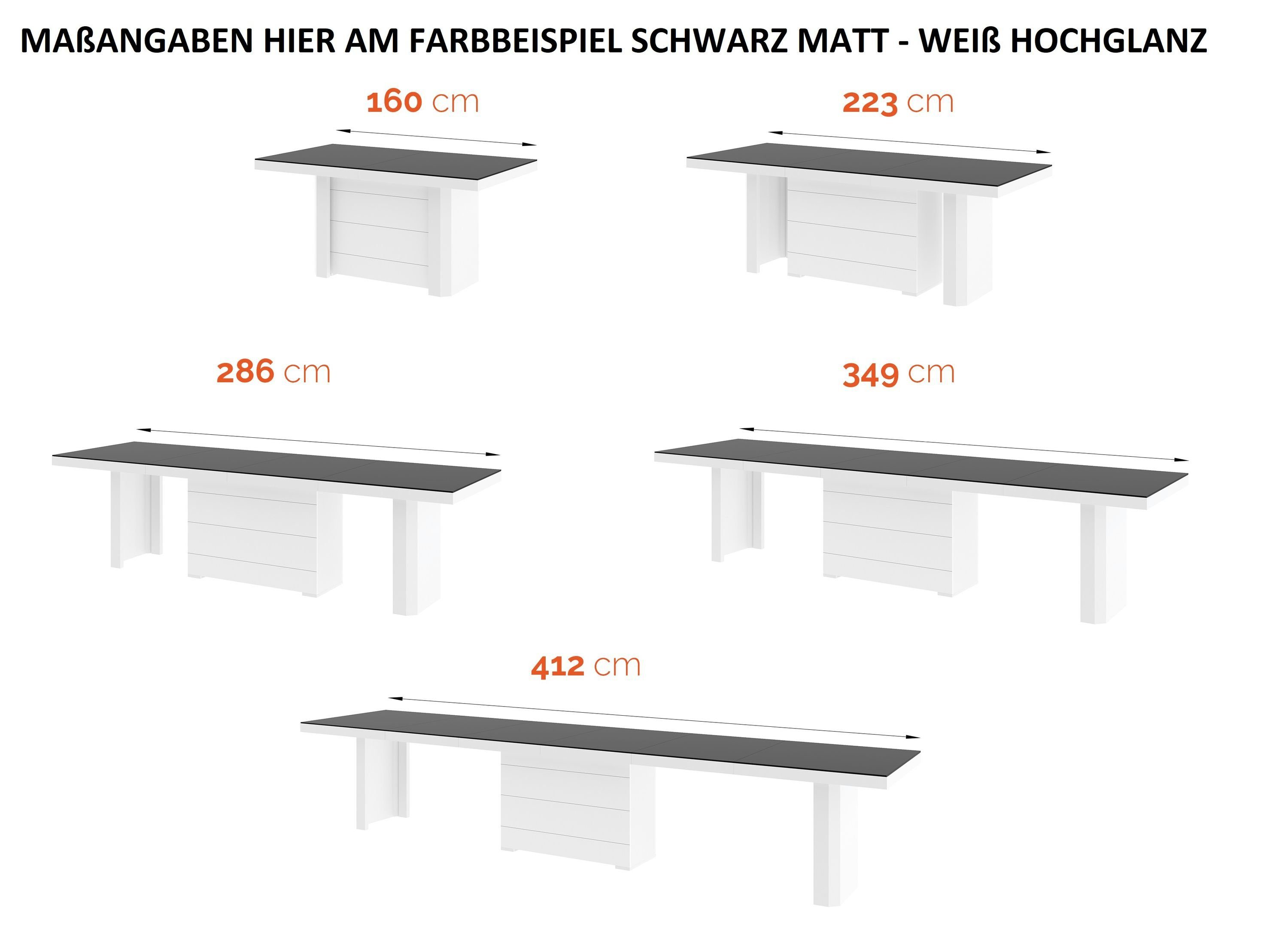 XXL designimpex Design 160 MATT 412 HE-444 / Tisch Weiß bis Esstisch ausziehbar HOCHGLANZ