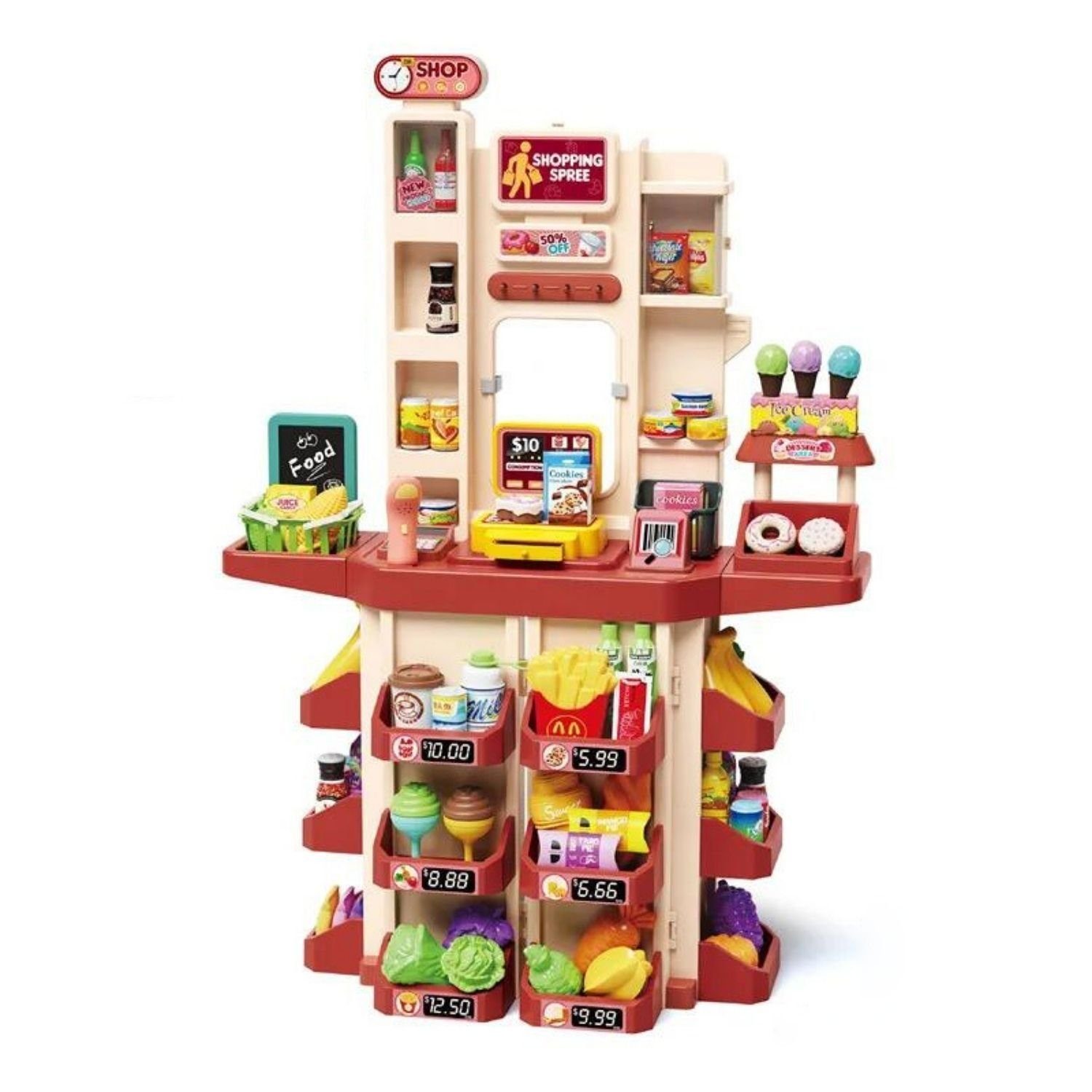 Coemo Kaufladen FLORIAN, Rosa Kaufmannsladen Supermarkt Kasse, Waage, Scanner, Lebensmittel