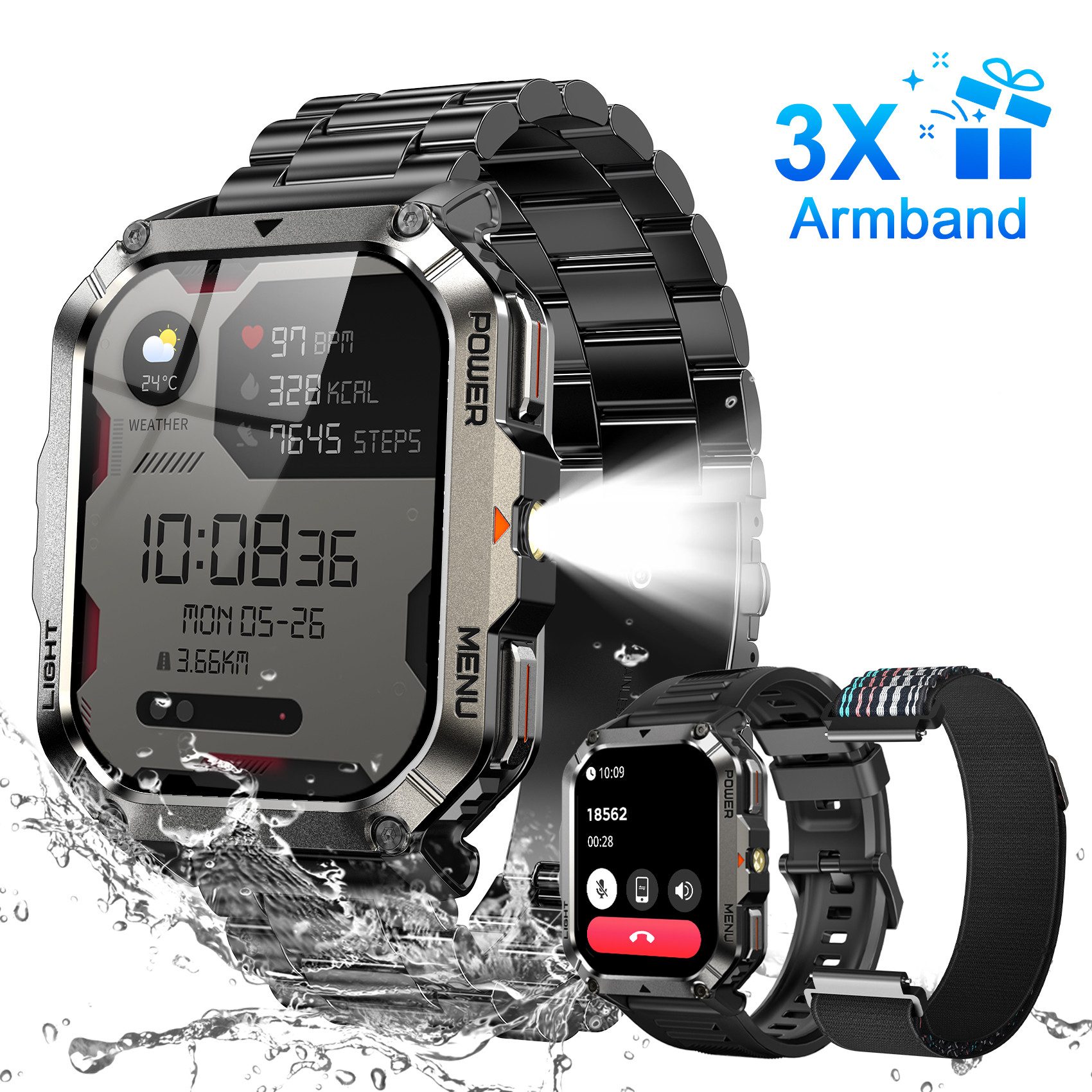 blackview Militär-Smartwatch Herren mit 900mAh Akku/LED-Taschenlampe/Kompass/SOS Smartwatch (2.01 Zoll, iOS/Android), 3-tlg., 3 x Riemen / 2 x Riemen und Ladekabel, Herzfrequenz,SpO₂& Schlafüberwachung,100+ Sportmodi,Schrittzähler,IP68