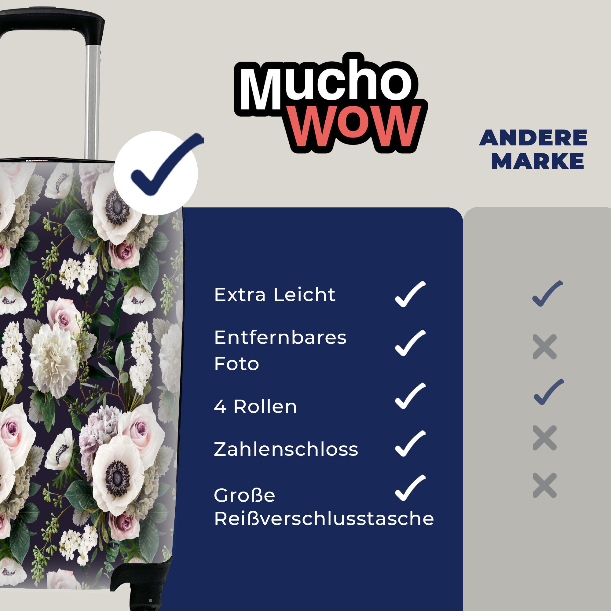 4 Handgepäck Muster, - MuchoWow Reisetasche - Trolley, rollen, Blumen für Rollen, Anemone mit Handgepäckkoffer Reisekoffer Ferien,