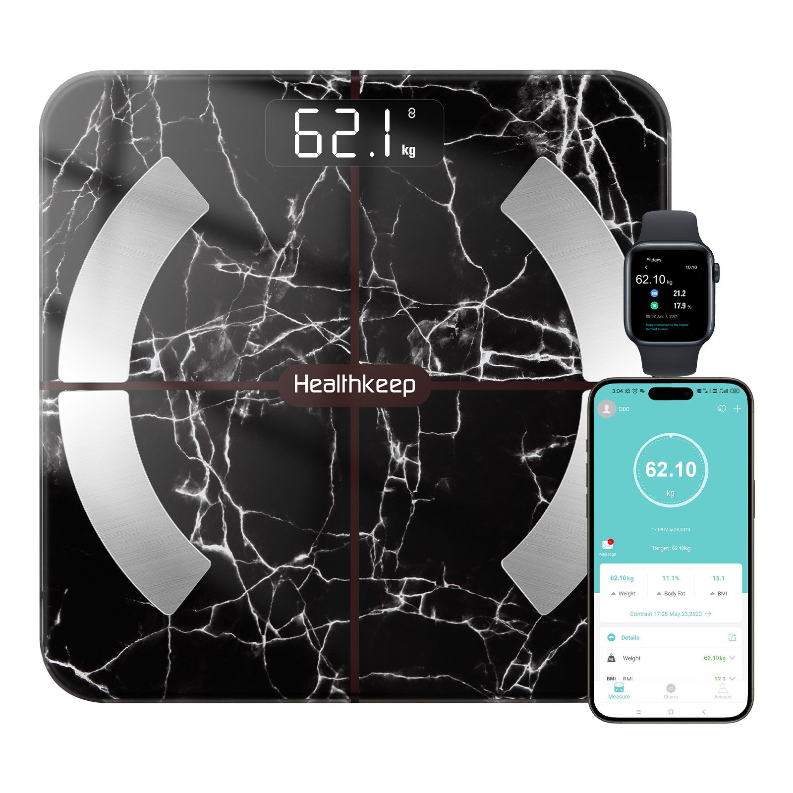 Healthkeep Körper-Analyse-Waage Smart-Waage für 13 Körperdaten Präzise Analyse Bluetooth-Verbindung, Misst 13 Körperdaten und synchronisiert sie mit deiner Smartphone-App, Android und iOS Max. 180kg/400lb/28st
