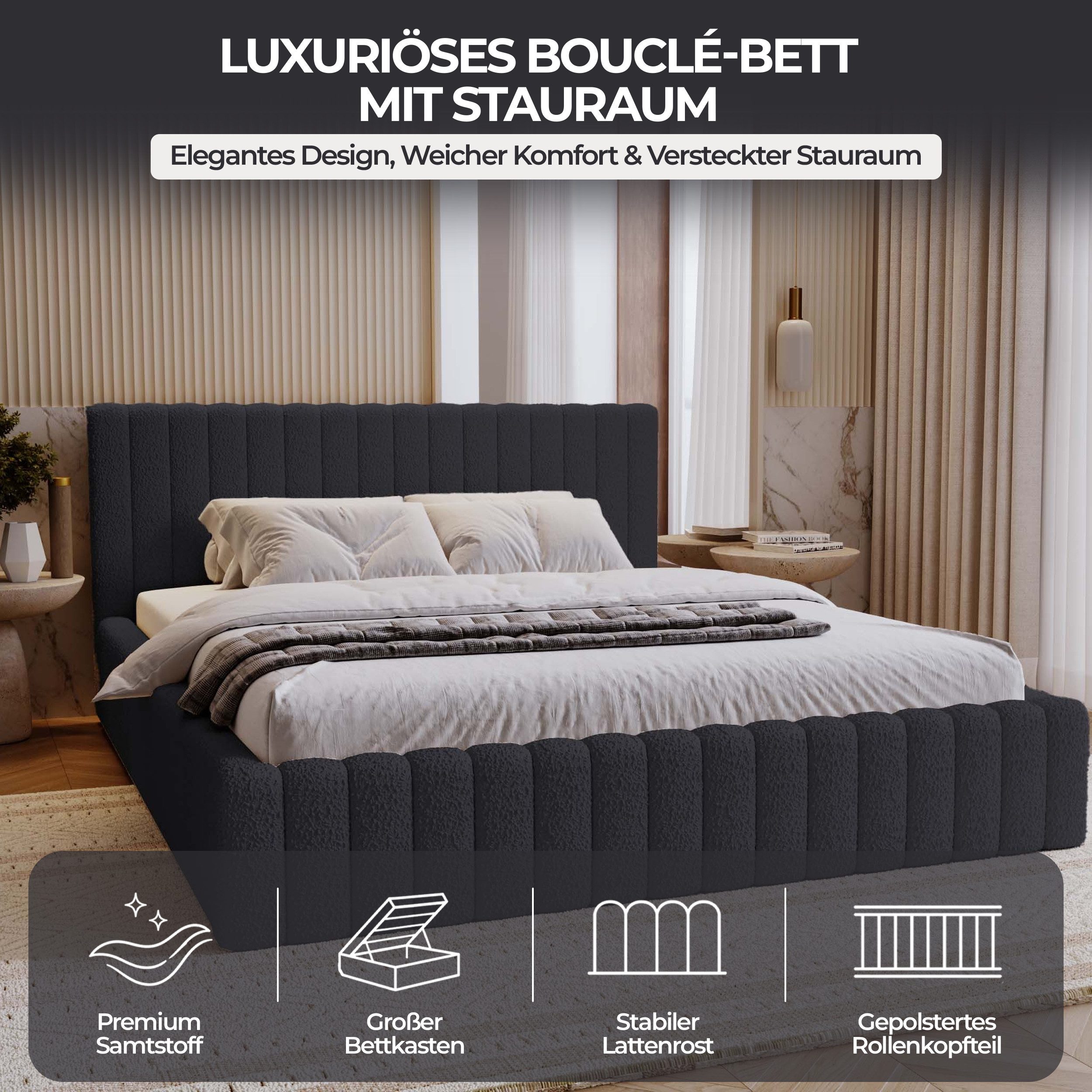 Goldstoff Polsterbett mit Bettkasten und Lattenrost (Boucle-Stoff in "Lammfell", Designerbett, Wolkenbett, Stauraumbett- 140/160/180x200), Erhältlich in 3 Größen und 6 Farben