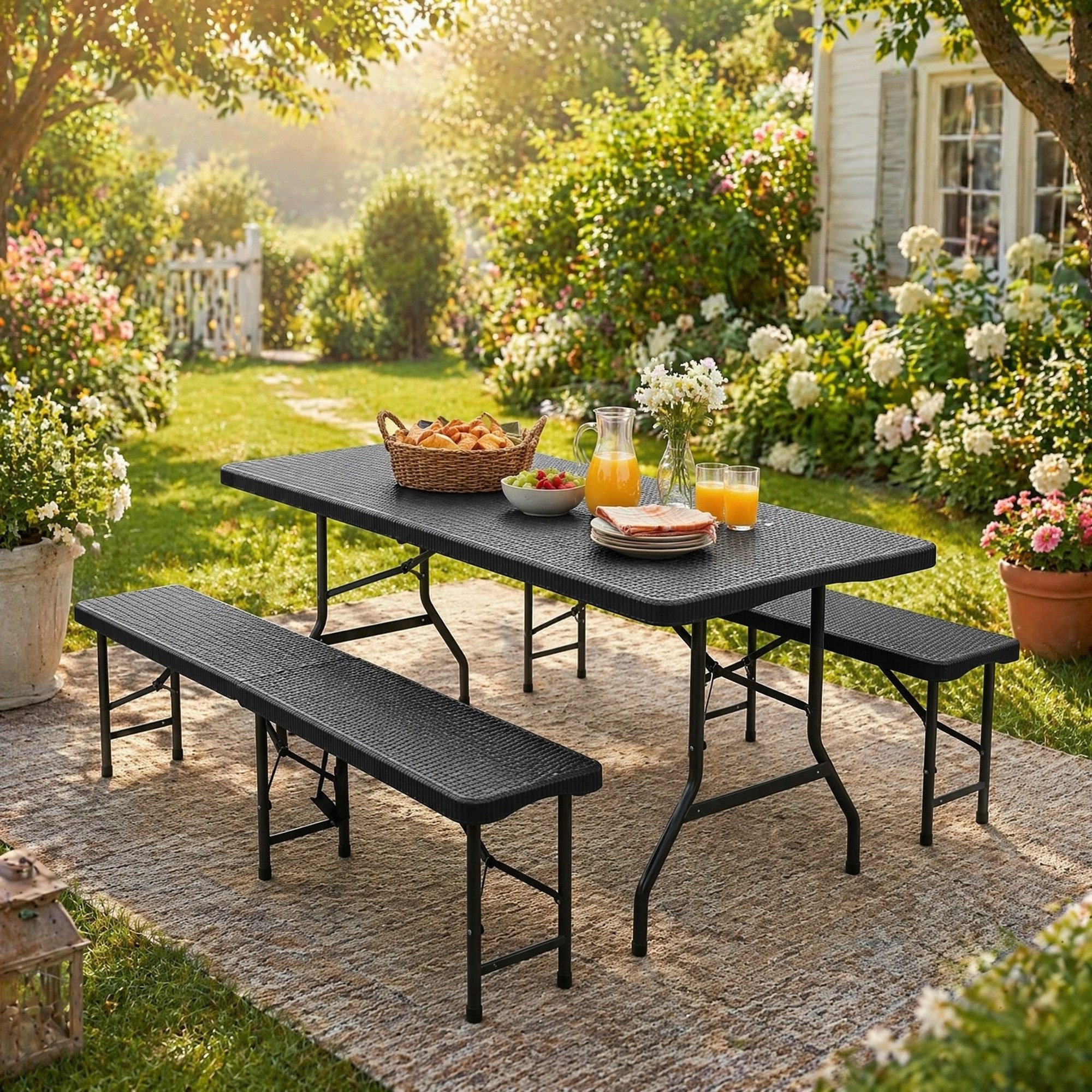CHICFURN Campingtisch Klappbarer Picknicktisch mit 2 Bänken, 3-teiliges Set (Packung, 3-St., HDPE-Tischplatte mit Baummuster, Sicherheitsverriegelung), UV- & wasserbeständig, 6 ft, Schwarz