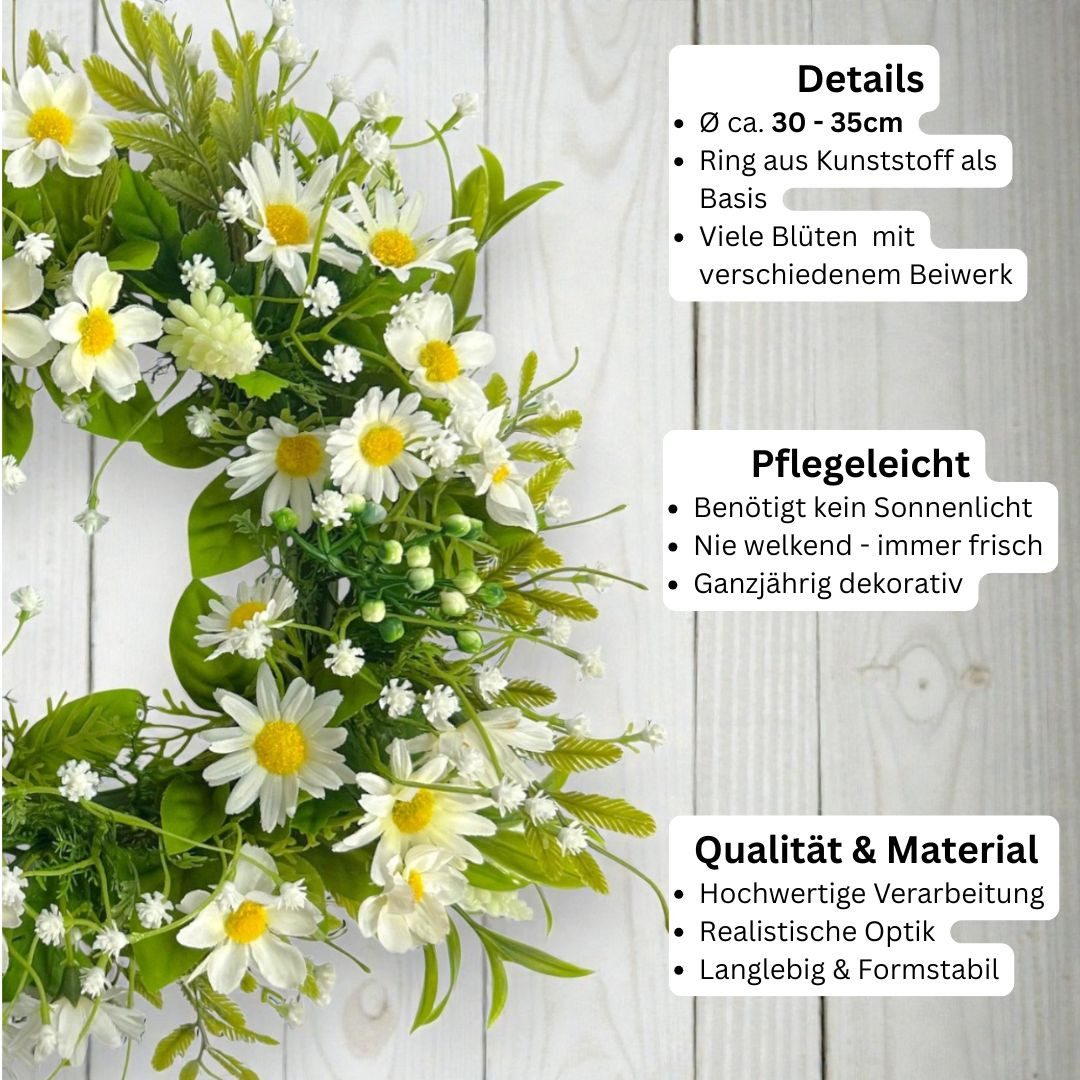 Kunstkranz Künstlicher Blumenkranz Margerite-Hyazinthe Ø35cm. Türkranz Deko CREME, naninoa GmbH