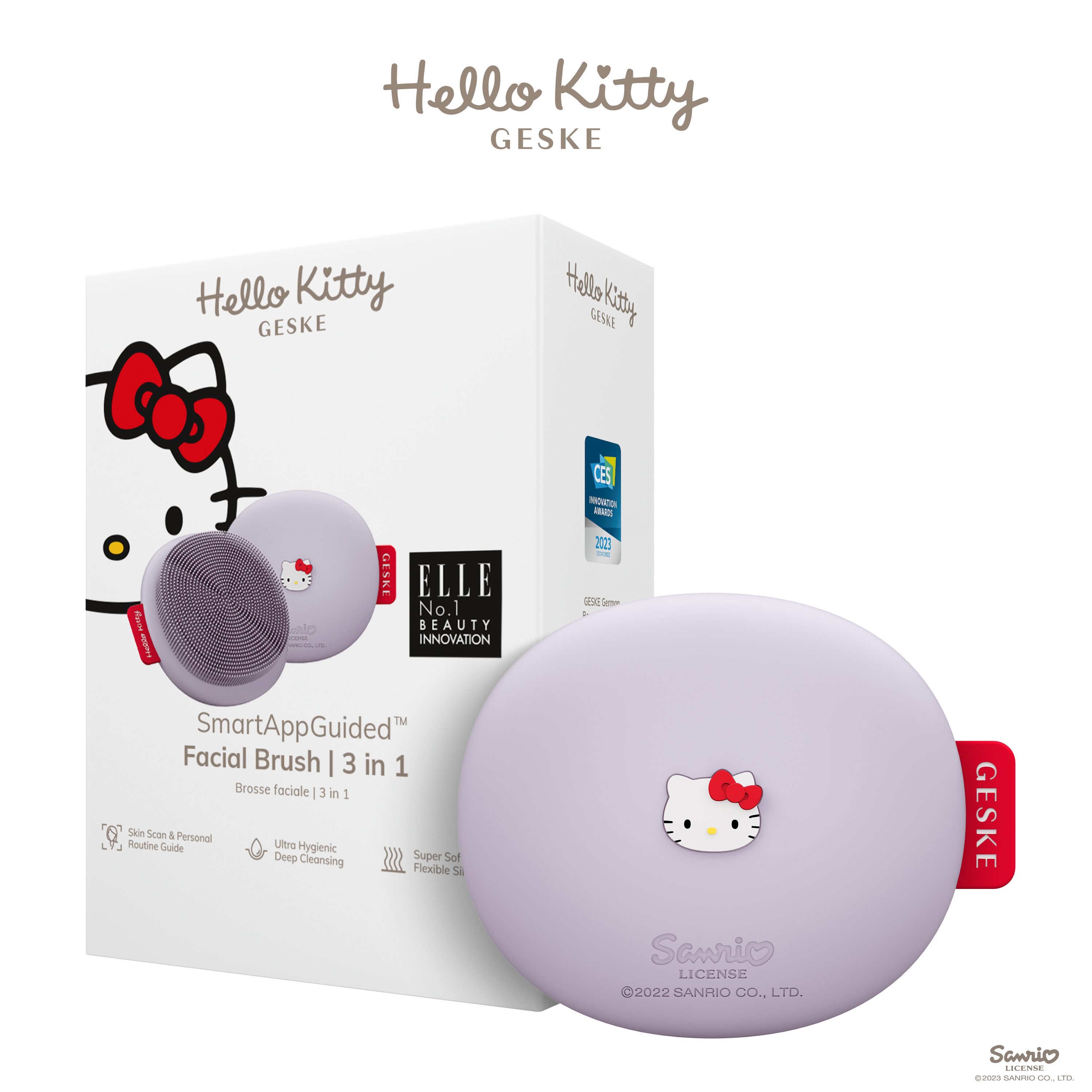 Hello Kitty Elektrische Gesichtsreinigungsbürste SmartAppGuided™ Facial Brush 3 in 1, Packung, 1-tlg., inkl. kostenloser APP (SmartAppGuided Device), Mit der GESKE App erhältst Du deine personalisierte Hautpflegeroutine. Hello Kitty Purple