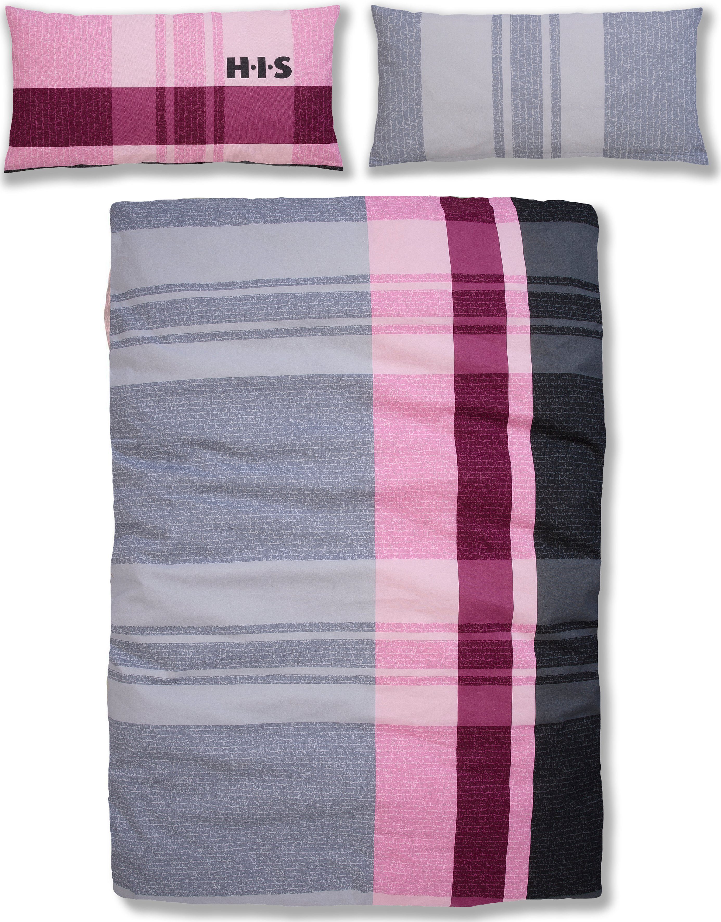 Bettwäsche Pascal in 135x200 oder 155x220 cm, H.I.S, Biber, 2 teilig, karierte Bettwäsche aus Baumwolle, mit Reißverschluss rosa/grau