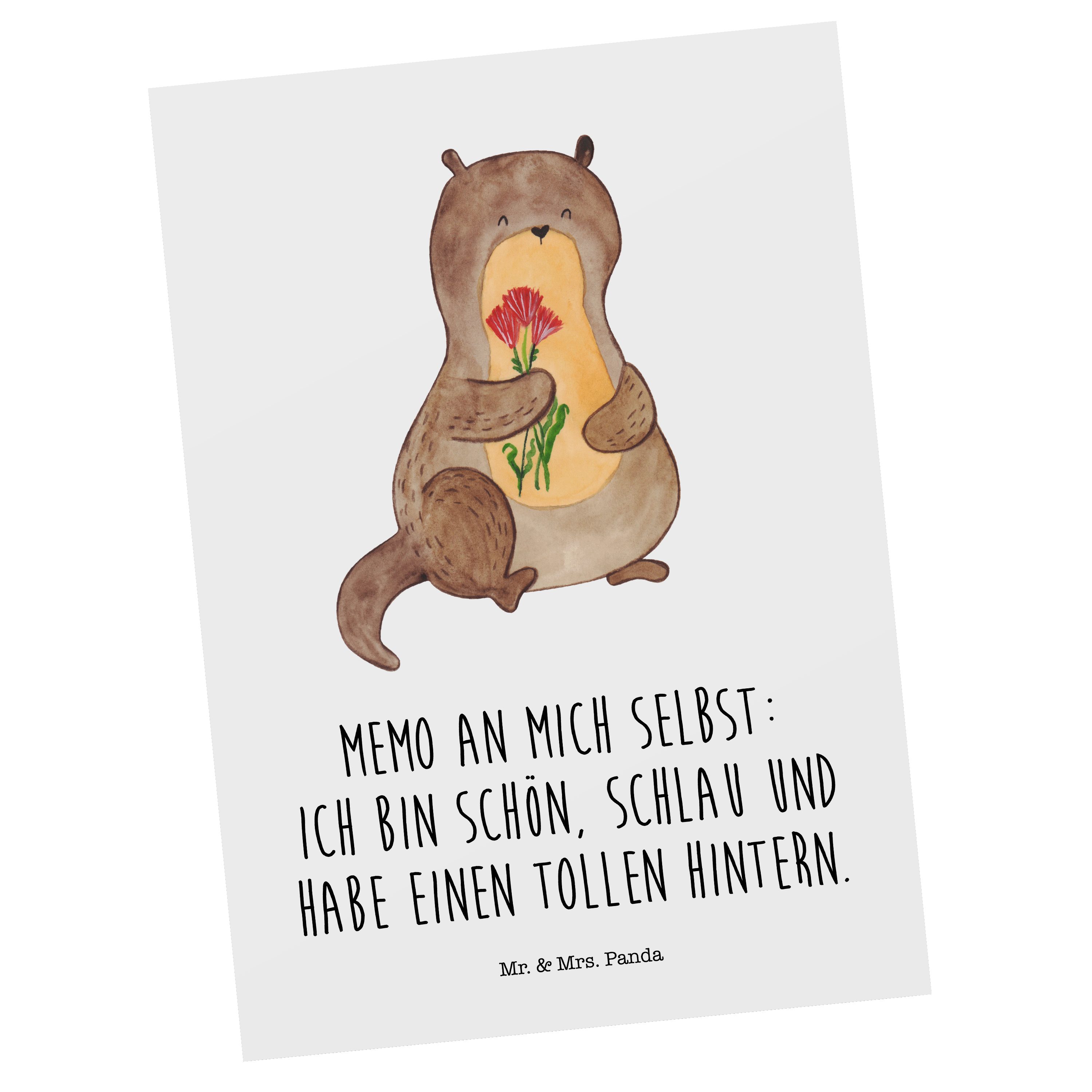 Mr. & Mrs. Panda Postkarte Otter Blumenstrauß - Weiß - Geschenk, Geburtstagskarte, Einladungskar