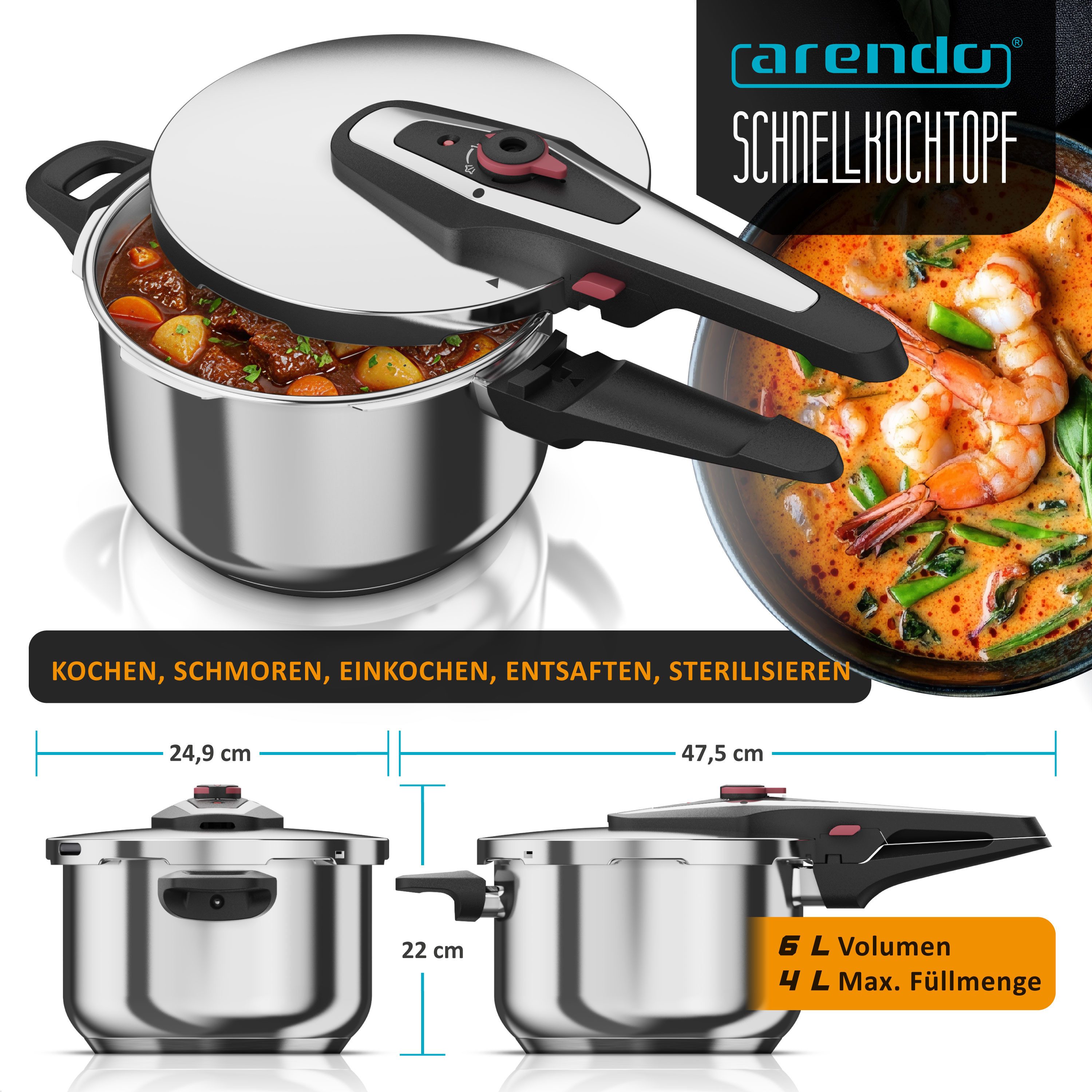 Arendo Schnellkochtopf 6 Liter Edelstahl Dampfkochtopf mit Sicherheitssystem, 2x Druckstufen, Edelstahl (1-tlg), Dampfgaren, Einkochen, Für Induktionsherde, Gasherde und Ceranfelder