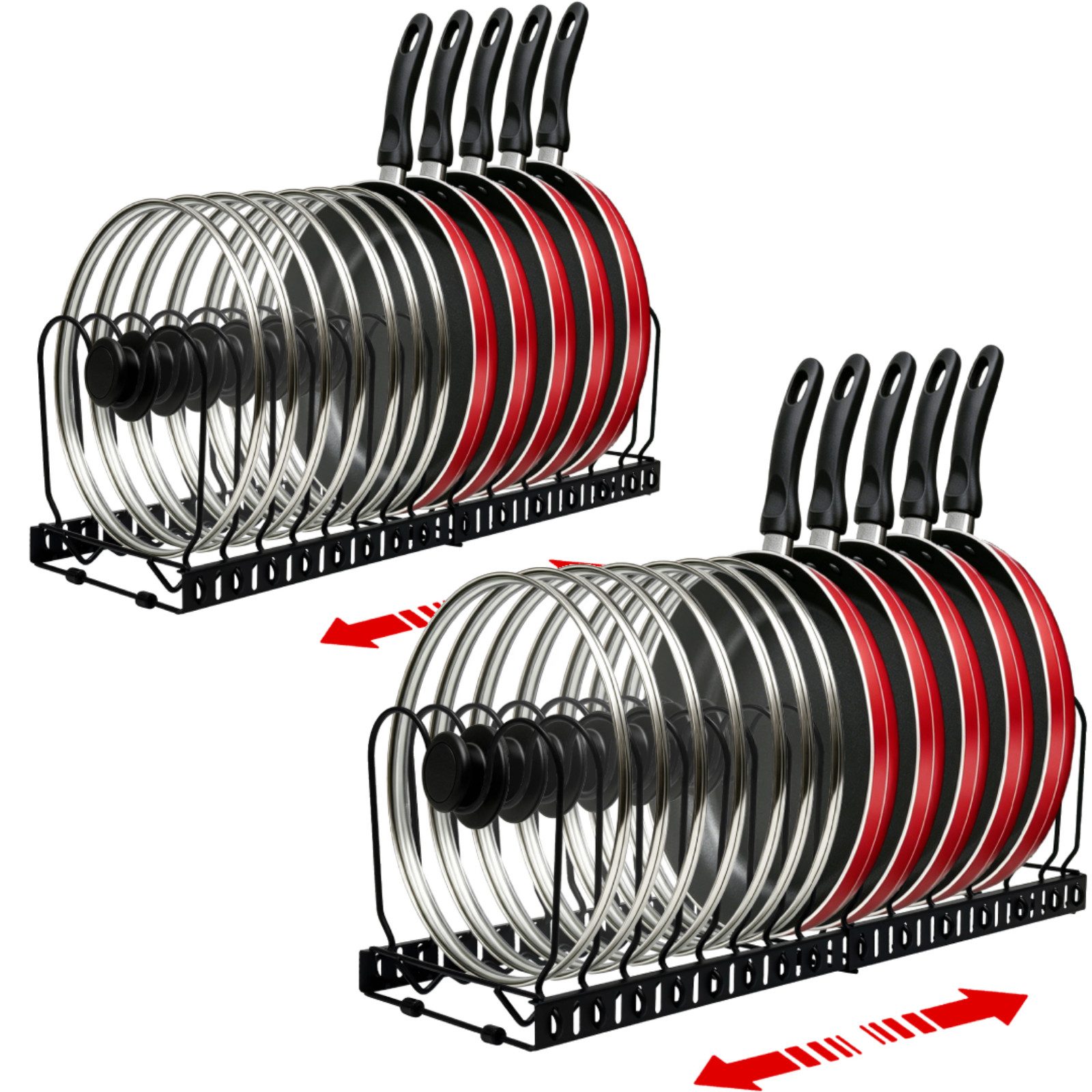 SunJas Geschirrständer Topfdeckelhalter verstellbar Pfannenhalter mit 15 Fächern, Zubehör für Geschirrdeckel Organizer für Schublade & Schrank, Erweiterbarer Küchenorganizer für Teller, Töpfe & Deckel
