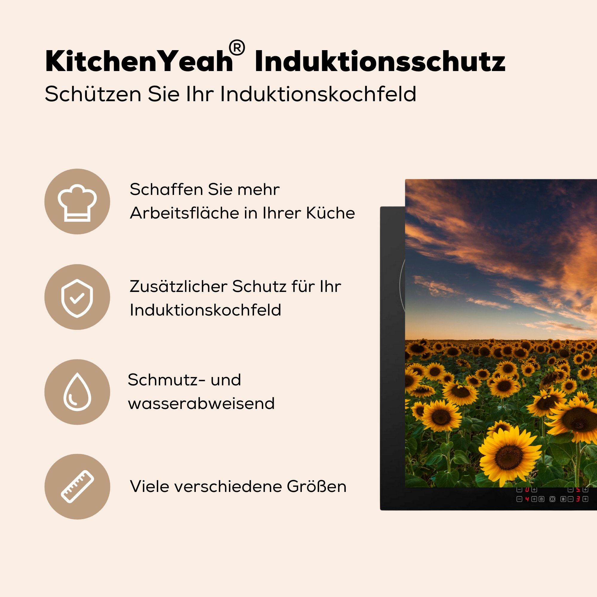 MuchoWow Herdblende-/Abdeckplatte küche, - für Sonnenblume Induktionskochfeld die (1 81x52 Vinyl, - Himmel Schutz cm, tlg), Abenddämmerung, Ceranfeldabdeckung