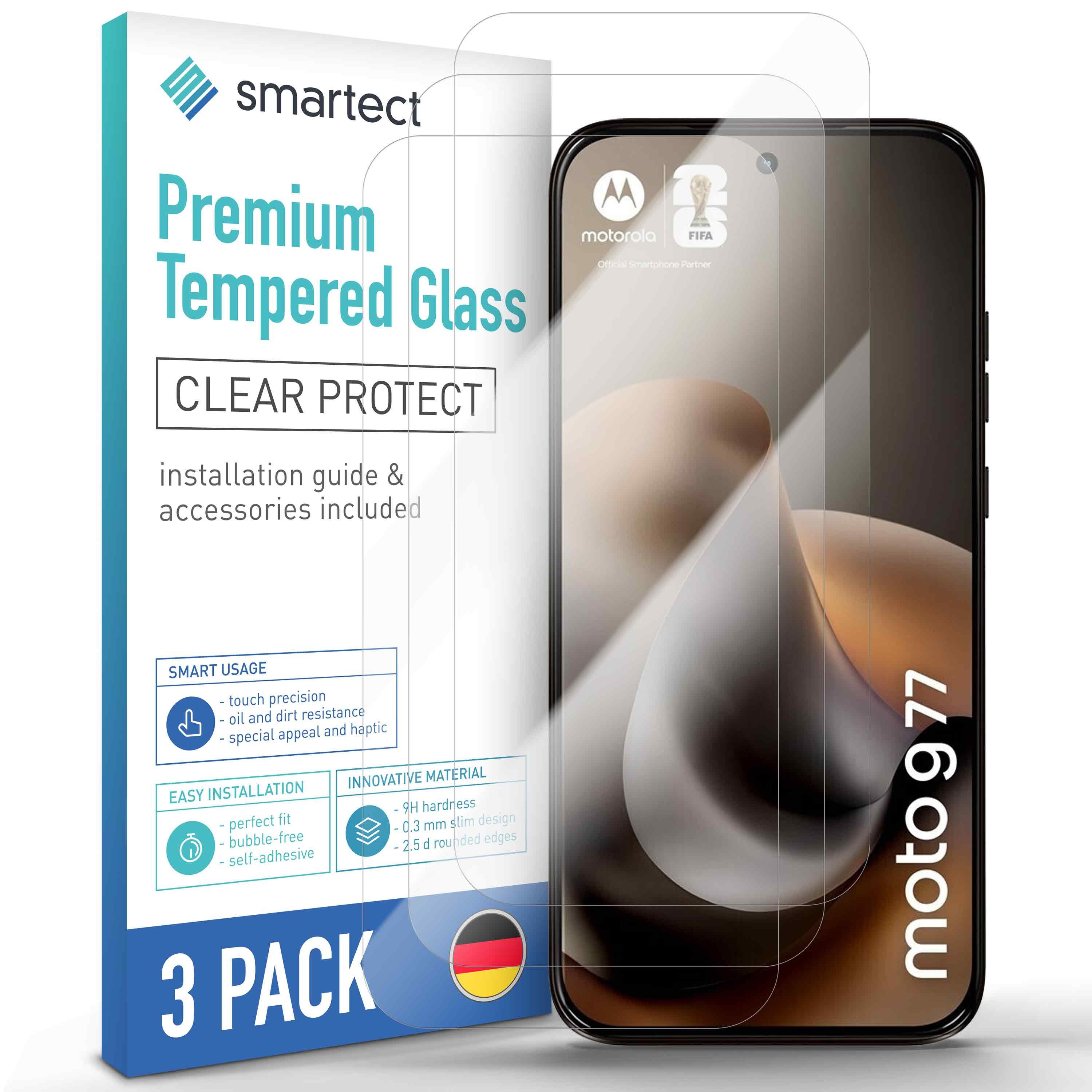 smartect Displayschutzglas 3X Schutzglas Panzerfolie Klar für Motorola Moto G77 / G67 für Motorola Moto G77 / G67, Set, 3 Stück, 0.3 mm Ultra-klar, 9H Härte, Kratzfest, Stoßfest, Blasenfrei, Oleophob