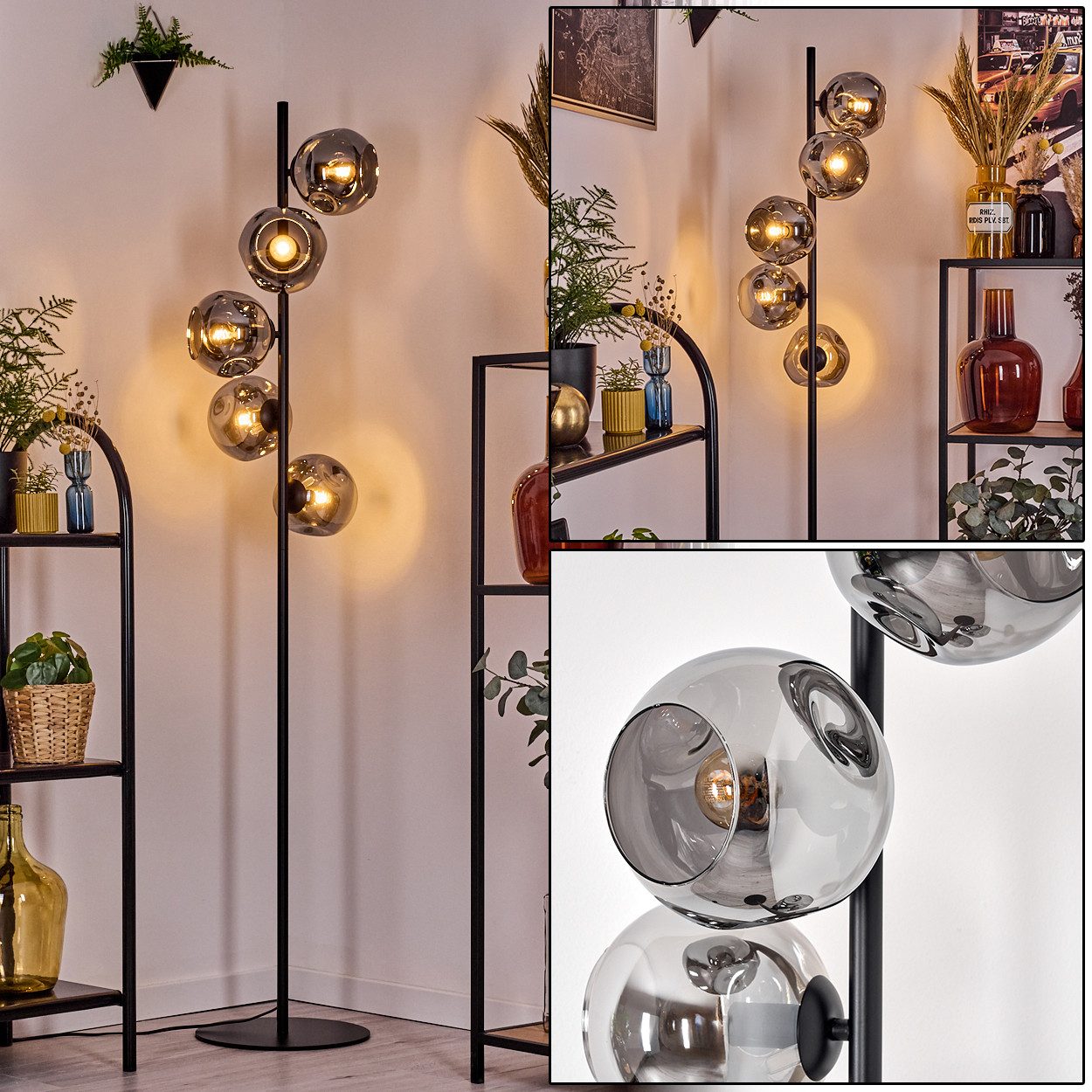 Stehlampe Stehlampe aus Metall/Glas in Schwarz/Rauchfarben mit Fußschalter