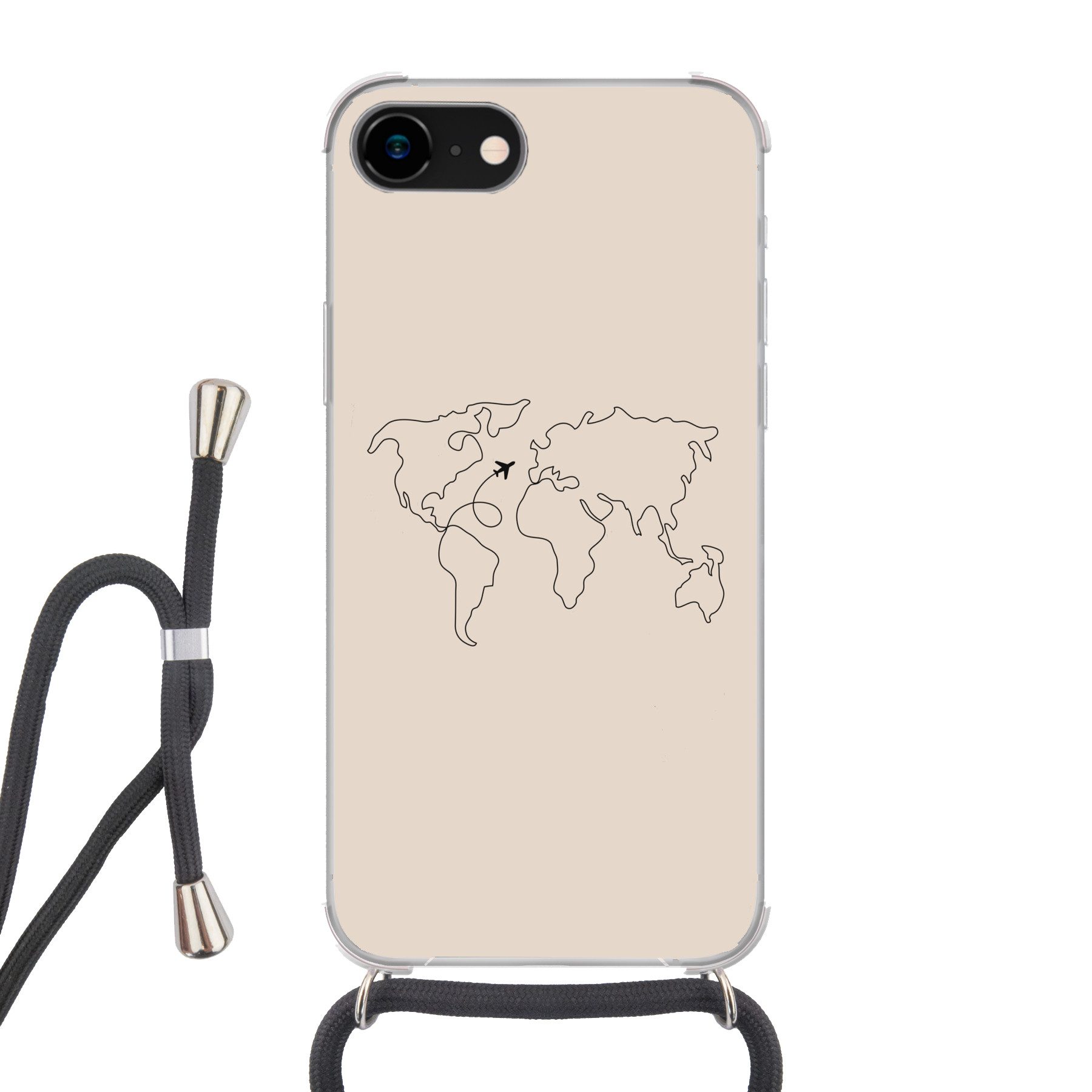 MuchoWow Handyhülle für Apple iPhone 8 Weltkarte - Einfach - Flugzeug, Tragbare Handyhüllen mit Kette zum umhängen, Handykette Handyband