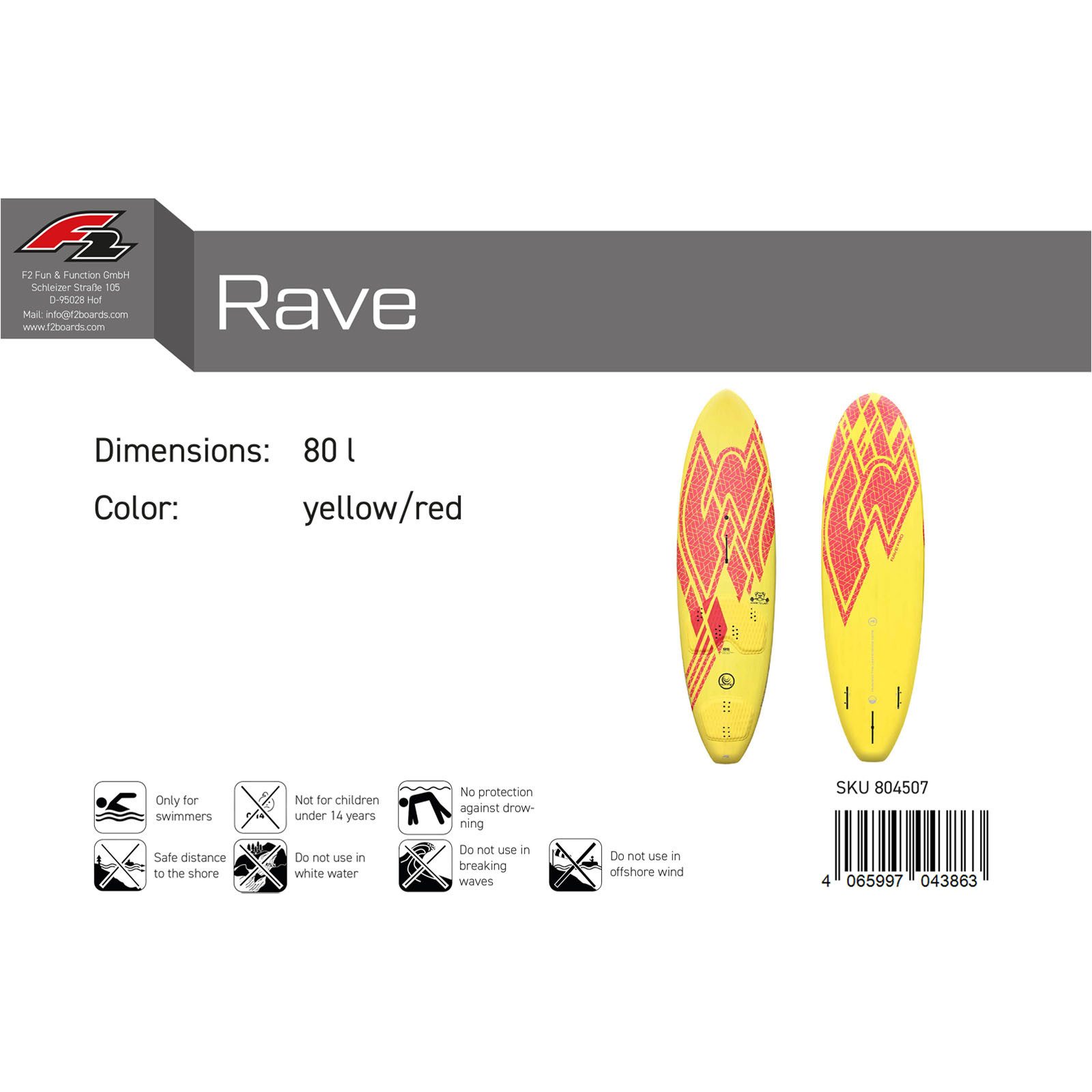 F2 Windsurfboard F2 Windsurfboard Rave HD 80 l Gelb/Rot 2024/25, Surfbrett