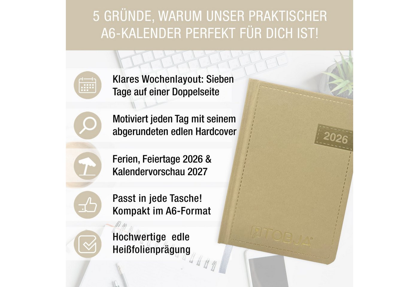 Thumbnail - TOBJA Taschenkalender A6 Denim Kalender Beige, Hardcover, Taschenkalender 2026 klein, Kalender 2026 A6
