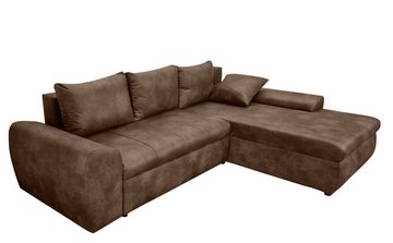 luma-home Ecksofa 18011, mit Bettfunktion 266x186 cm, Ottomane rechts, Federkern im Rücken, Wellenunterfederung, Bettkasten, Mikrofaser, Leder-Optik, Vintage Braun