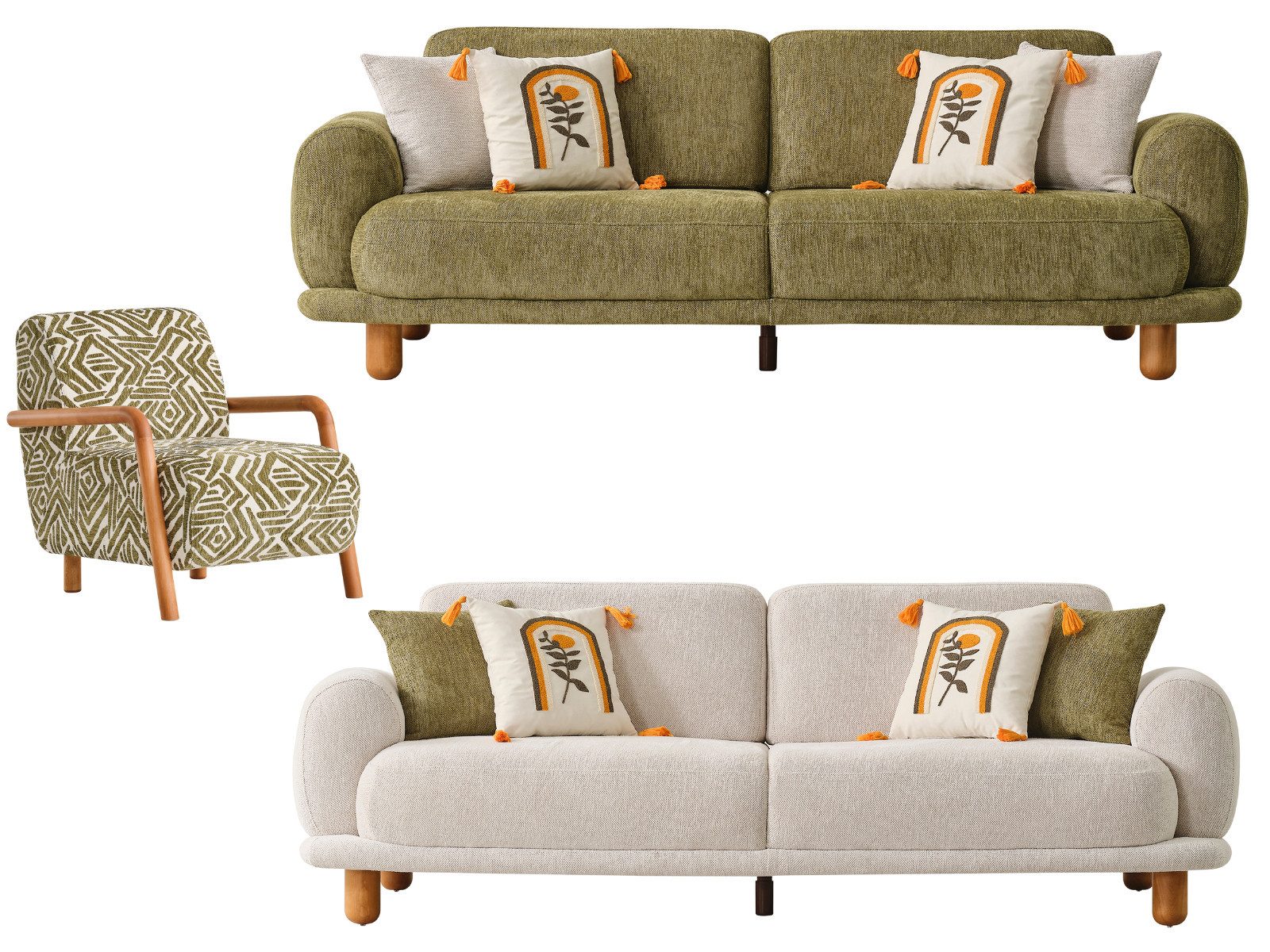 Villa Möbel Polstergarnitur Freyza 2, (Sofa Set, 3-Sitzer + 3-Sitzer + Sessel), Runde Form Strukturstoff Holzfüße zweifarbiges Set