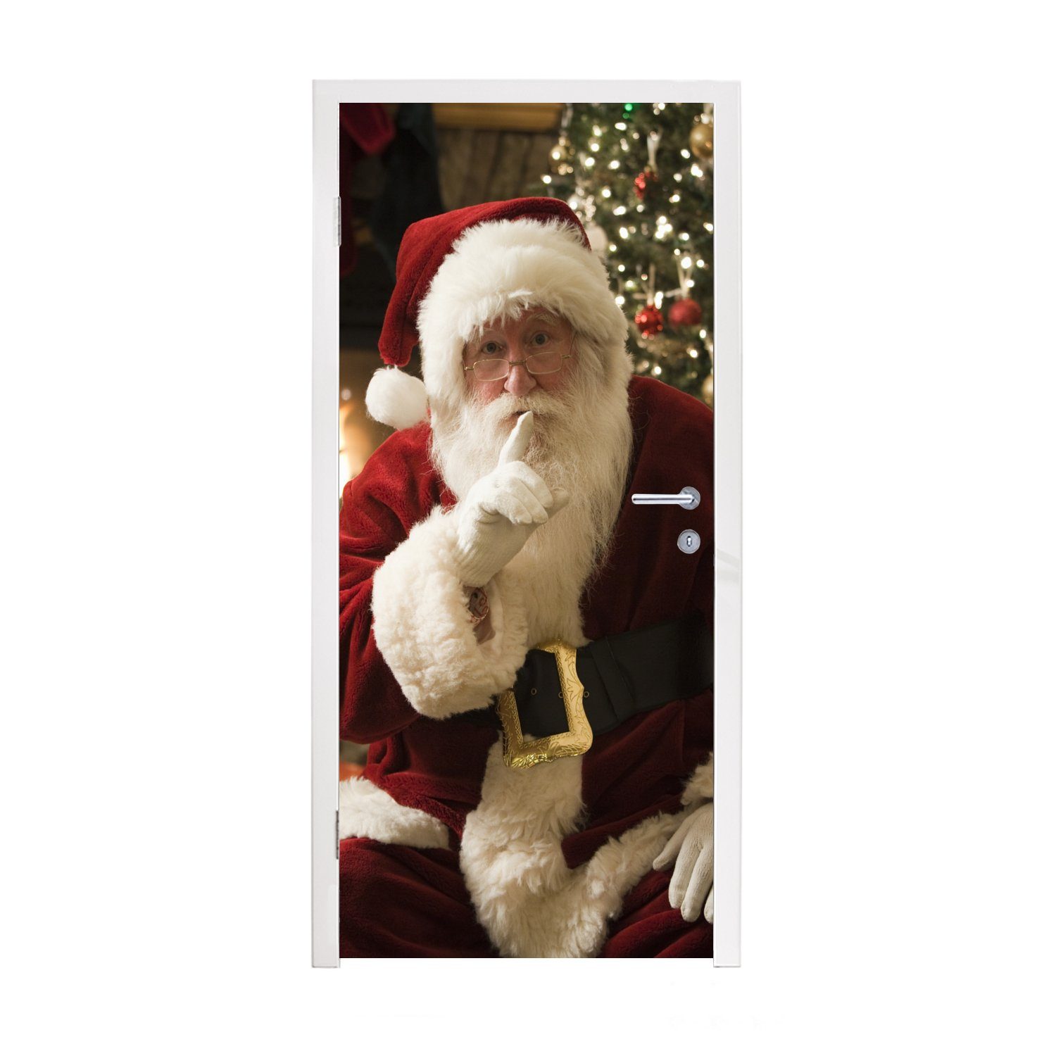 MuchoWow Türtapete Der Weihnachtsmann mit einem bunten Weihnachtsbaum im Hintergrund, Matt, bedruckt, (1 St), Fototapete für Tür, Türaufkleber, 75x205 cm