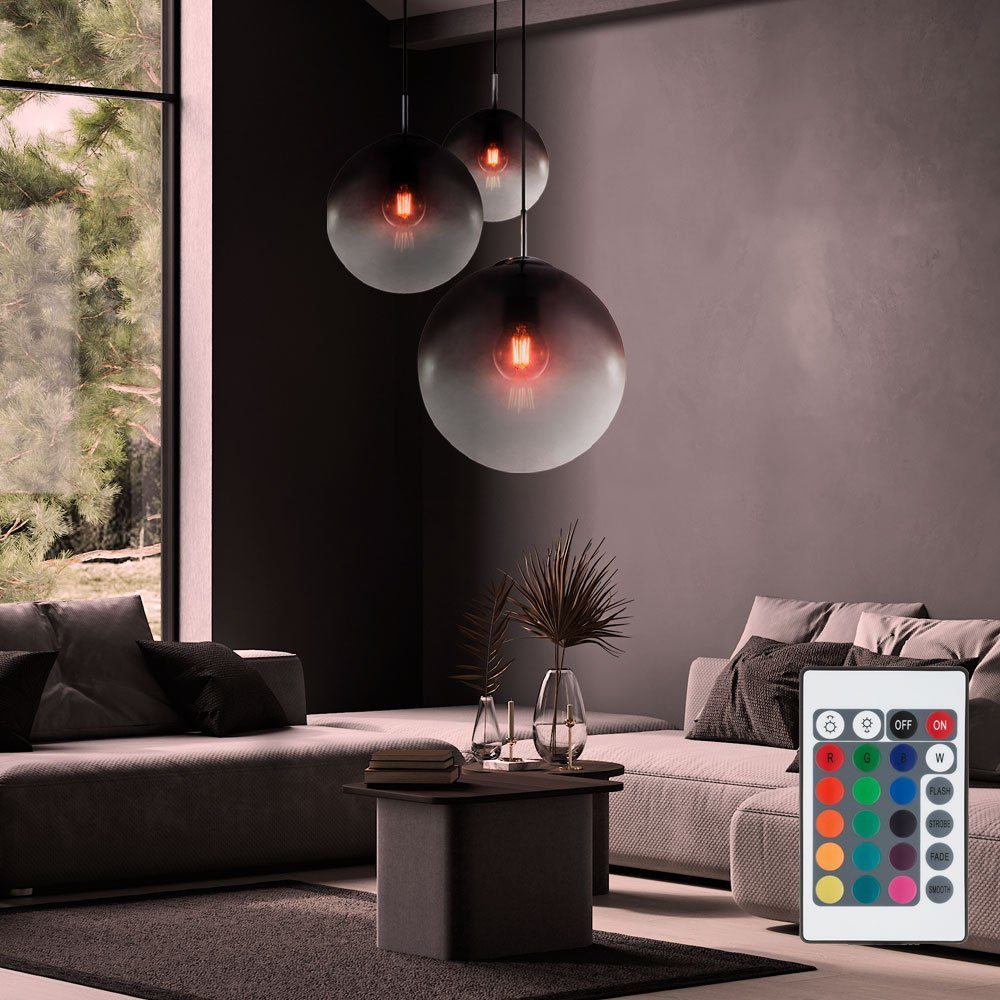 Zimmer Wohn Warmweiß, inklusive, Glas Pendel Decken LED Pendelleuchte, Farbwechsel, Lampe etc-shop Fernbedienung Leuchtmittel Chrom