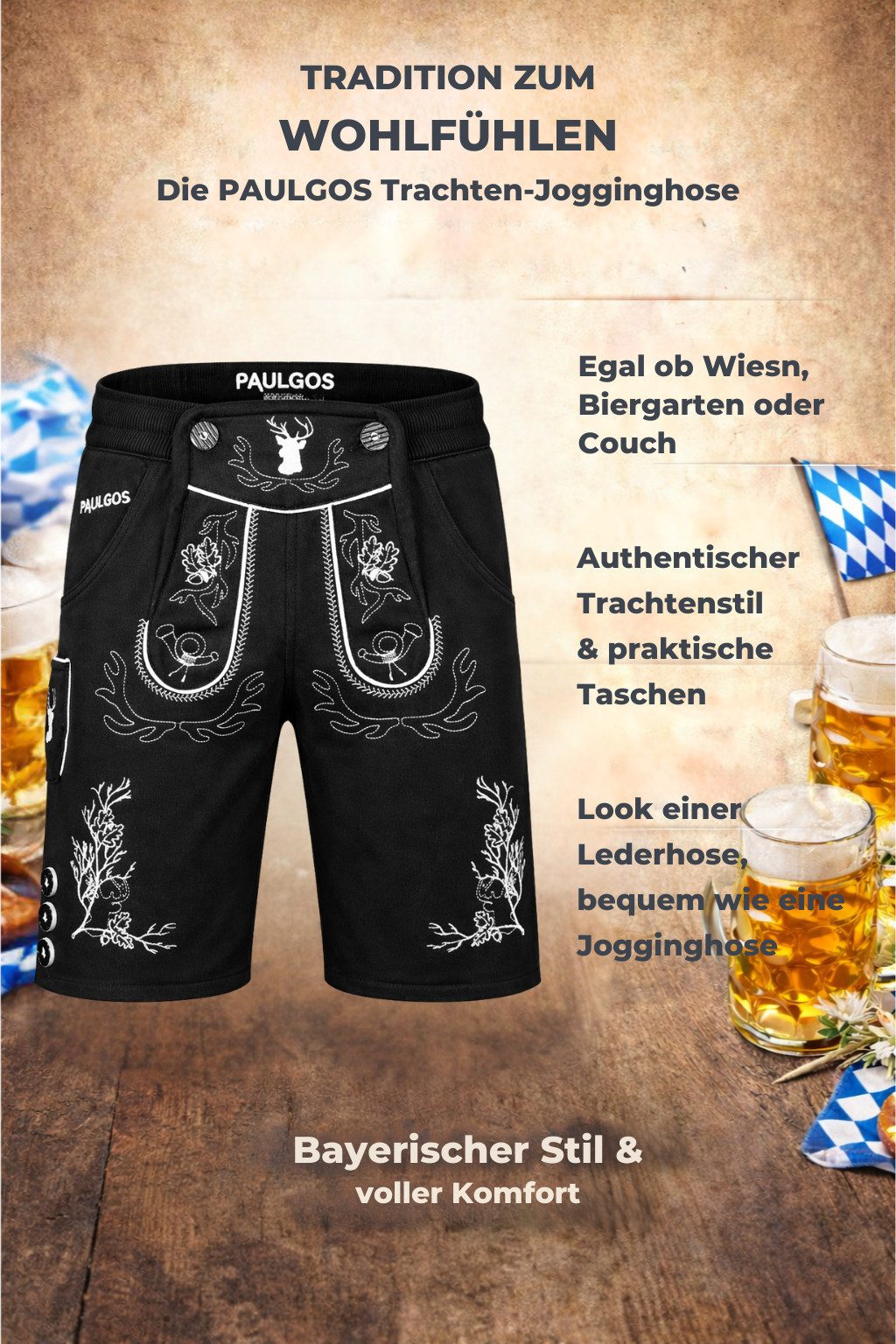 PAULGOS Trachtenhose Herren Jogginghose Design Lederhose Kurz Sweathose Bermuda Shorts JOK3 – Bild 4 von 5