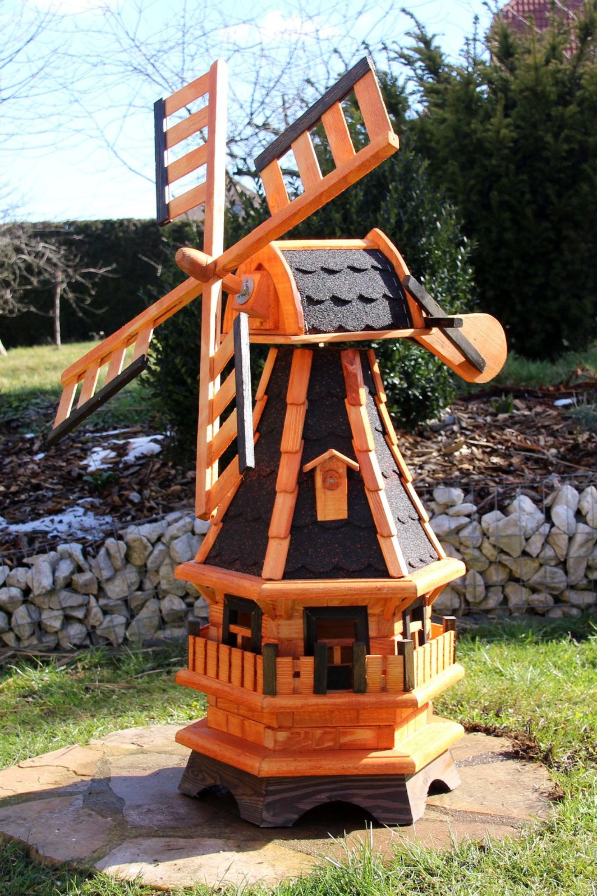 Holzdekoladen Deko-Windrad Gartenwindmühle Holz mit Solarlicht Weiß – drehbare Flügel 99 cm