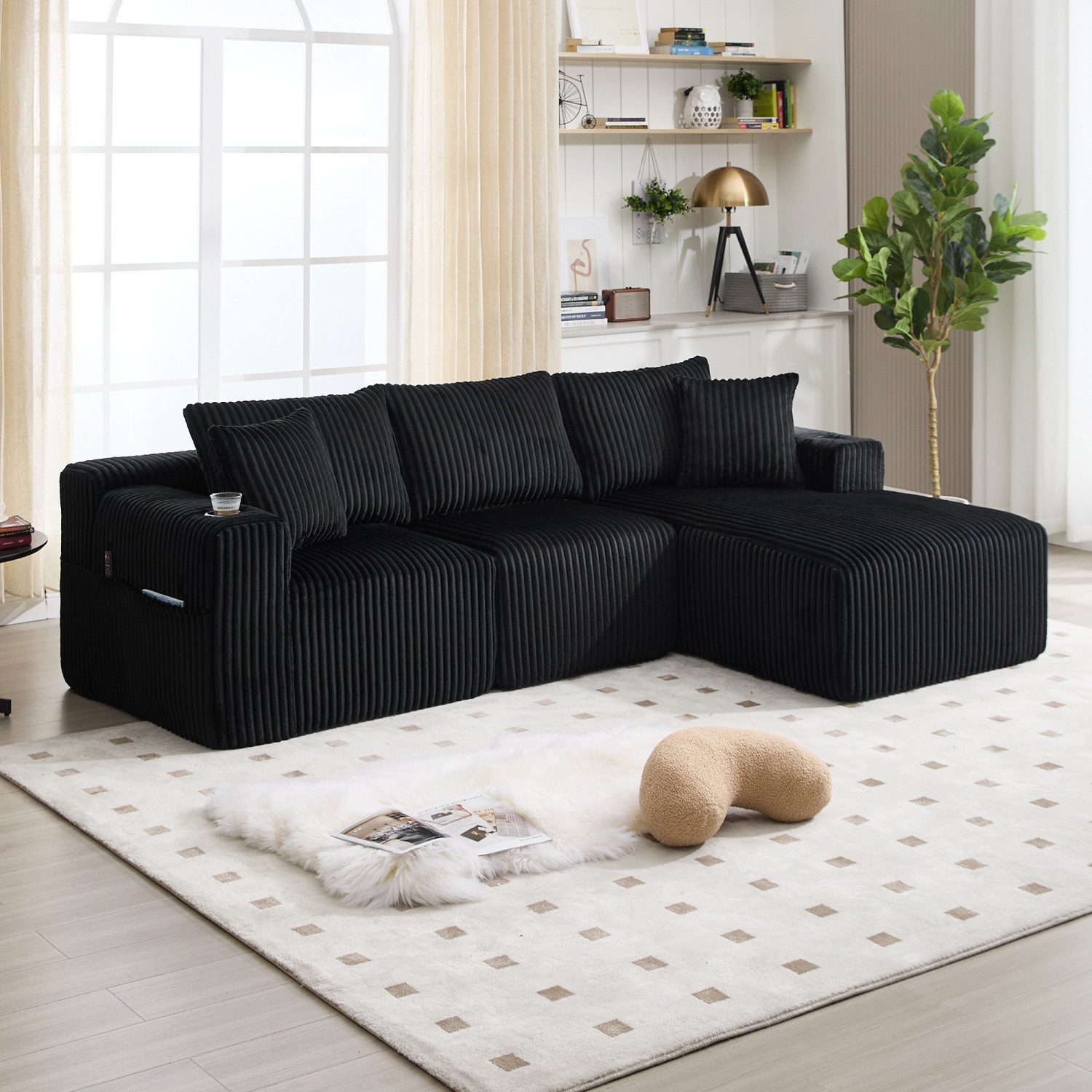 ANYSUN Ecksofa Modulares Sofa Set mit Chaiselongue & 2-Sitzer, Cordstoff Ecksofa, DIY-Kombination,mit 5 Kissen, seitliche Taschen & Getränkehalter, Ideal für Wohnzimmer, Apartment & Studio. ohne Montage