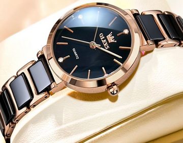 Tidy Quarzuhr QuarzUhr Keramik- armband Luxus elegante Damen Schwarz /Rose, Uhrenbox